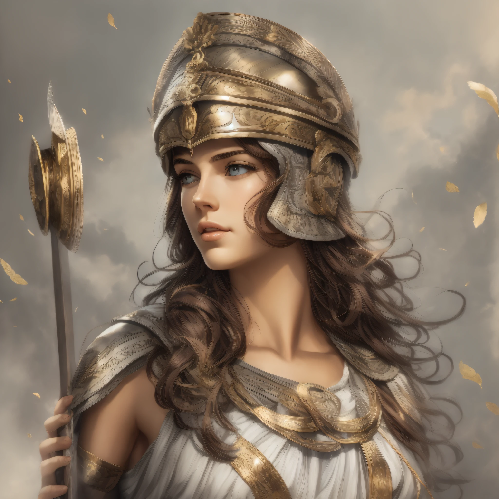 Greek Goddess Athena, brown hair, gray eyes, greek helmet, very beautifyl woman