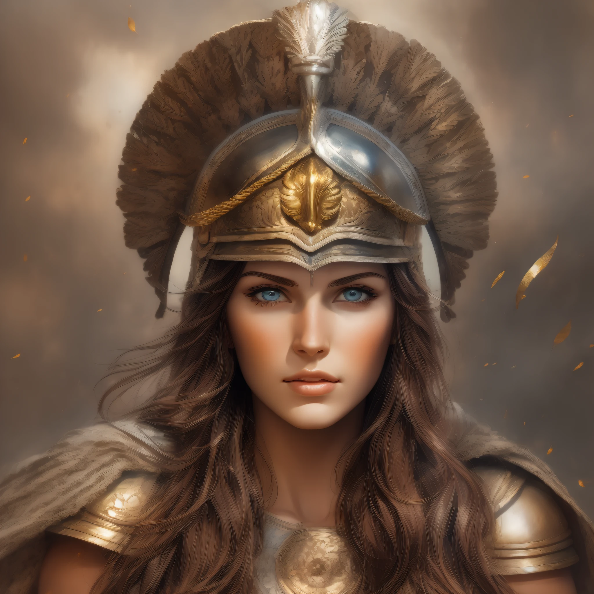 Greek Goddess Athena, brown hair, gray eyes, greek helmet, very beautifyl woman