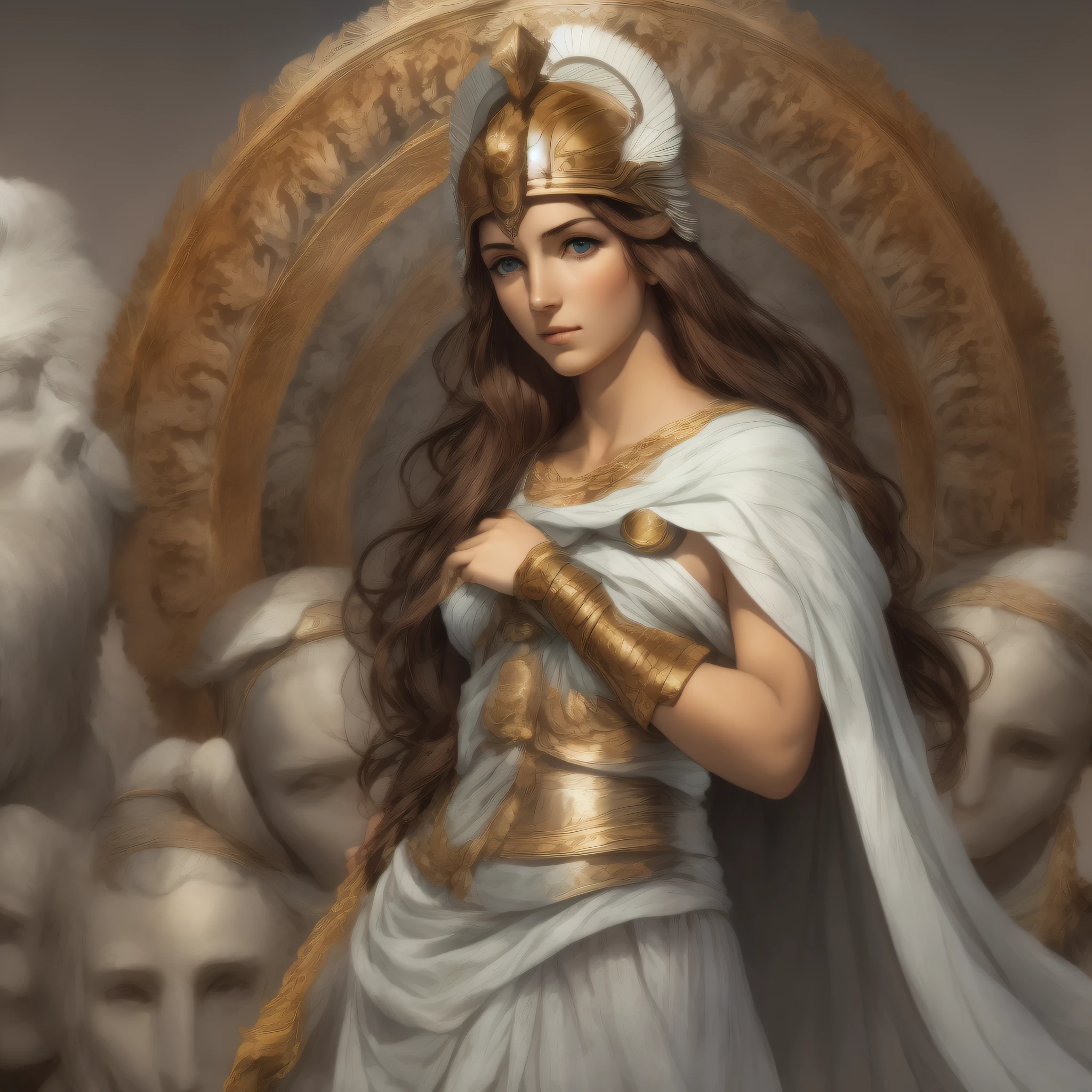 Greek Goddess Athena, brown hair, gray eyes, greek helmet, very beautifyl woman