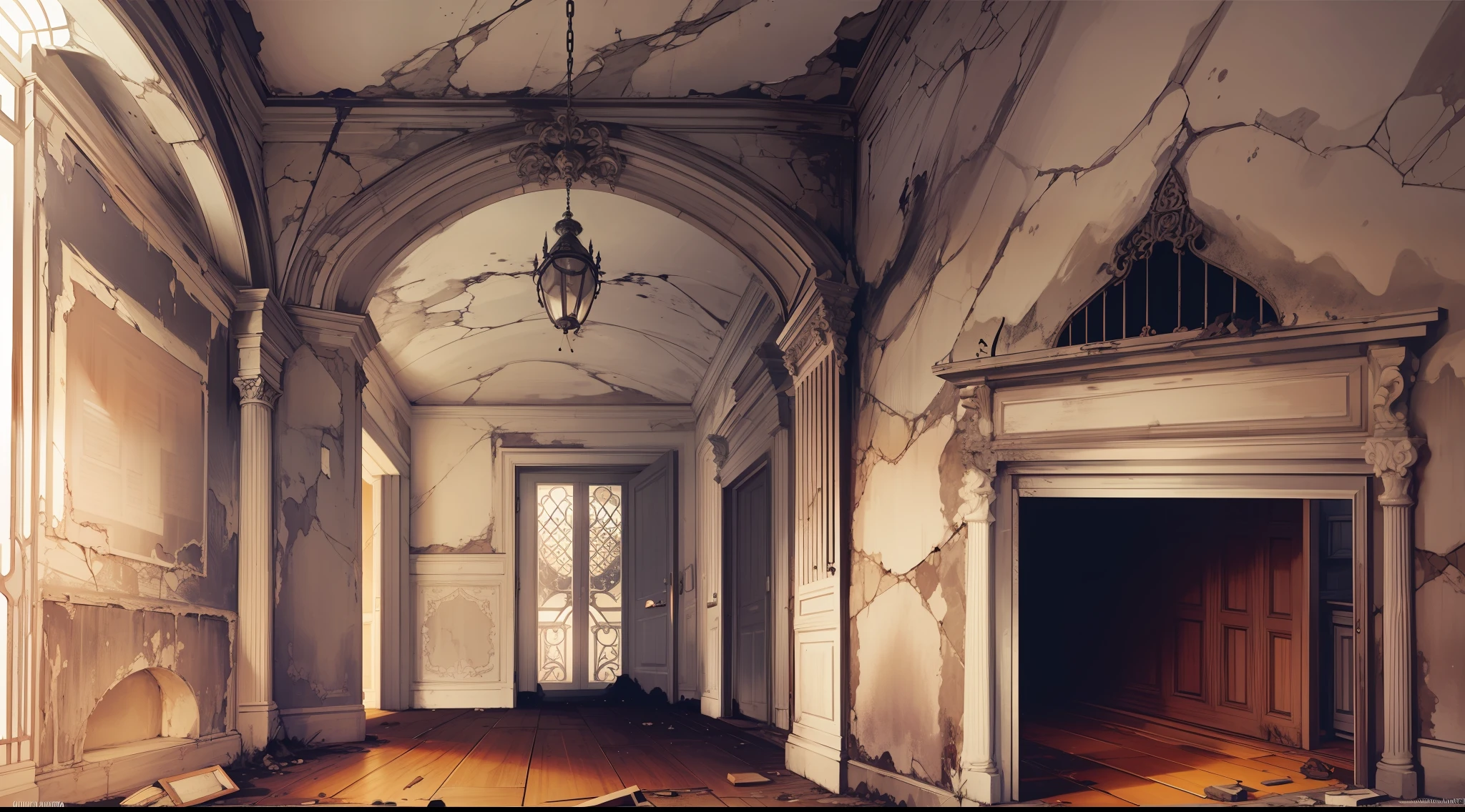 An abandoned mansion with horror aspects, A majestic mansion, once splendid, now haunted by time and loneliness. The planks creak under the footsteps, e teias de aranha adornam os cantos escuros. Janelas quebradas refletem a luz lunar, pintando o interior com sombras sinistras. The odor of mold and decay permeates the air, evocando um arrepio na espinha. The atmosphere is claustrophobic, Stifling any hope of escape. Dim candle lights flutter, proporcionando vislumbres fugazes dos espectros que habitam o local. The environment is oppressive, plunged into sinister silence, enquanto o vento uiva por entre as frestas.