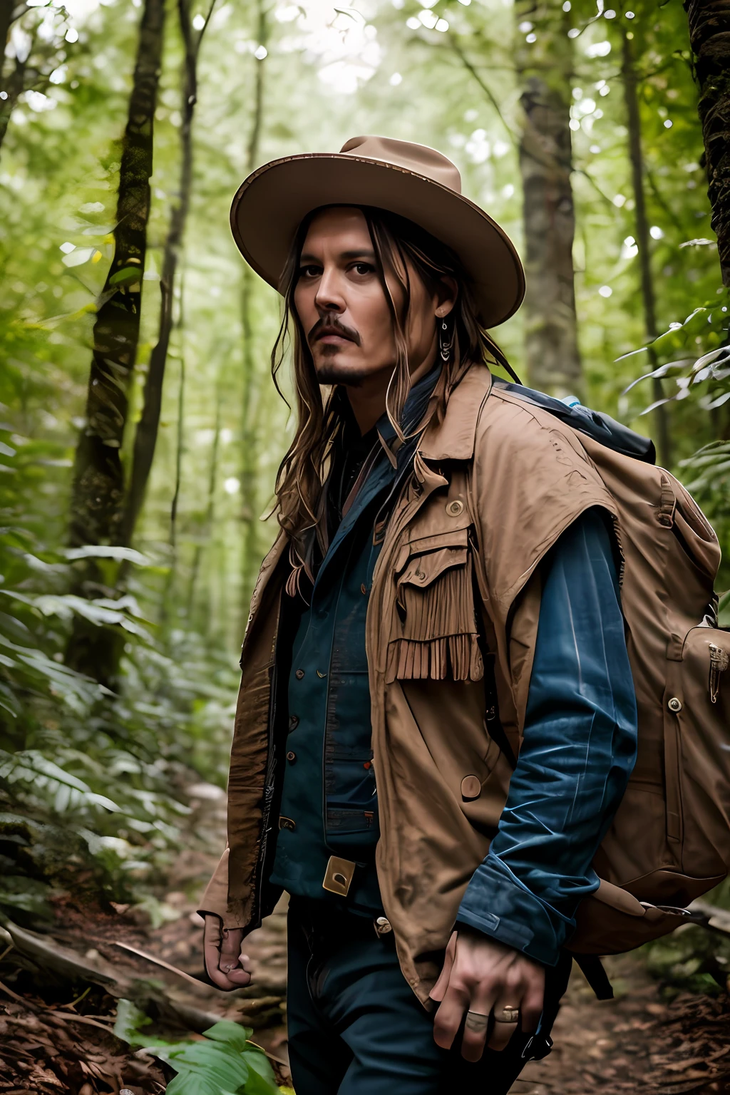 masterpiece, johnny depp walking through jungle at night among fireflies, (high detail:1 1), rough face, natural skin, high quality, nsfw, beautiful eyes, (detailed face and eyes), (face: 1 2), noise, extra, real photo, PSD, lamp film photography, sharp focus, contrast lighting, detailed skin, high resolution 8k, crazy detail, realistic, professional photography, 8k UHD, SLR camera, soft lighting, high quality, film grain, Fujifilm XT3