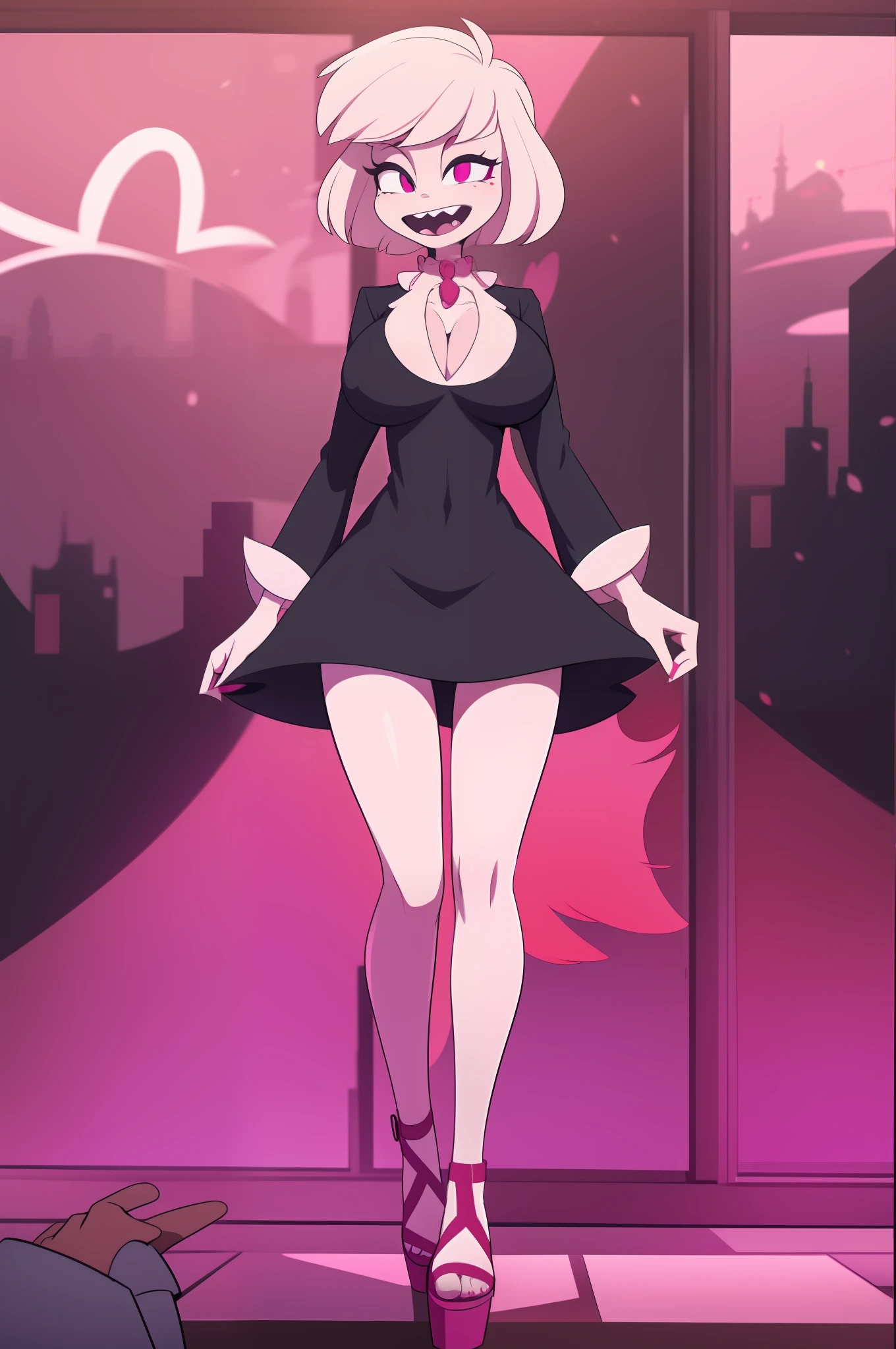 Angel Dust, hazbin hotel style, bimbo, big breast, alone, flip flops, walking