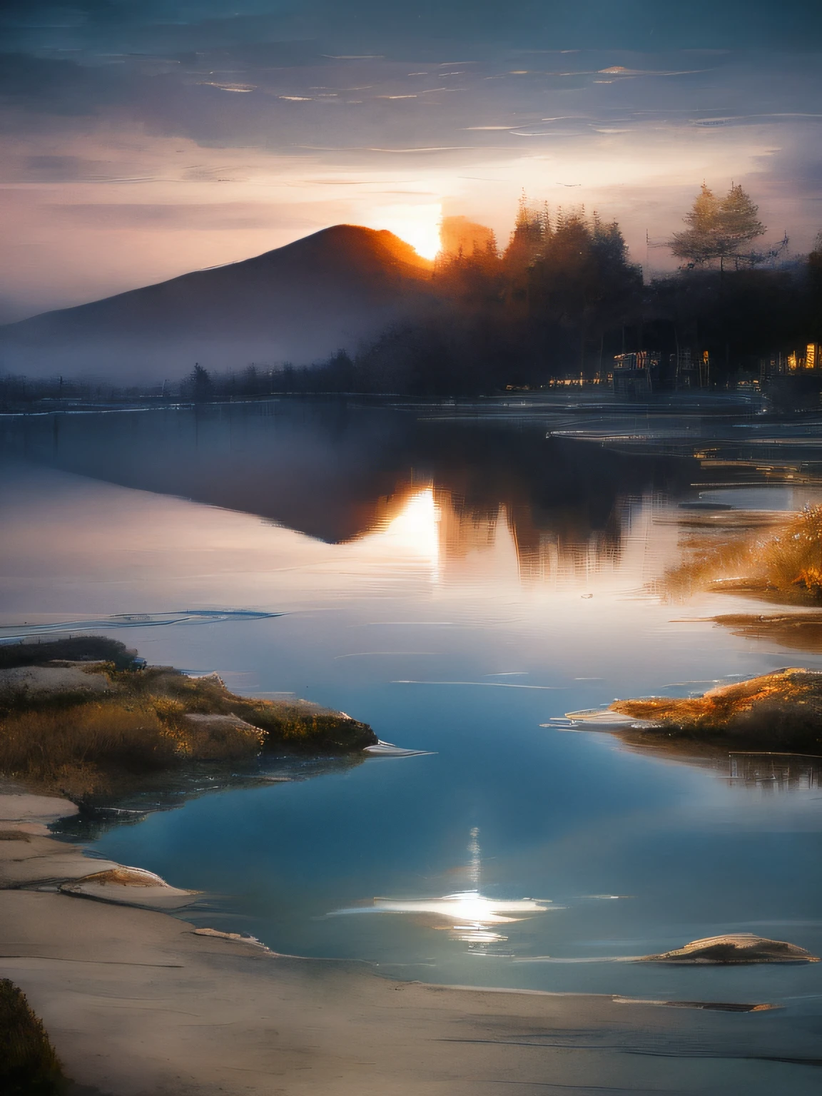 Artistic style, sun set betweens two mountain in to the sea, sun reflect in sea, night and day, ((masterpiece)), (((best quality))), ((ultra detail)), ((illustration)), ((realistic)), (reflections), sharp focus, front lighting, intense shadows,