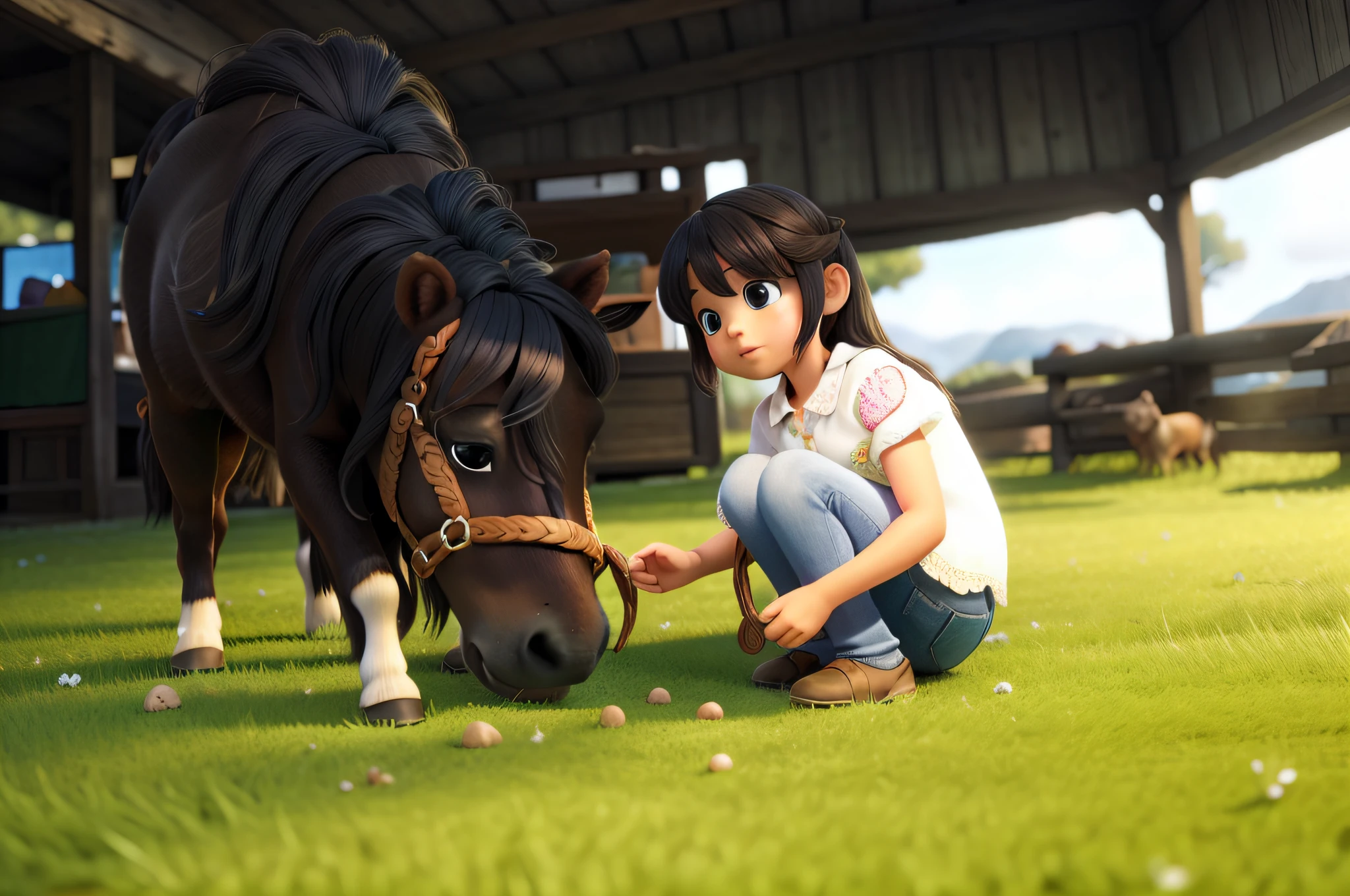 A  about 8 years old，Teeds the horse grazing，ultra realistic lighting，Ultra-realistic skin texture，Ultra-realistic natural light，Defocused，Mini horses，light particules，Fluttering hair，Ultra-realistic mane，Ultra-realistic grass，Super realistic grass，Warm sunny tones，exteriors，great outdoors，green color，Perfect big eyes，Ultra-real hair