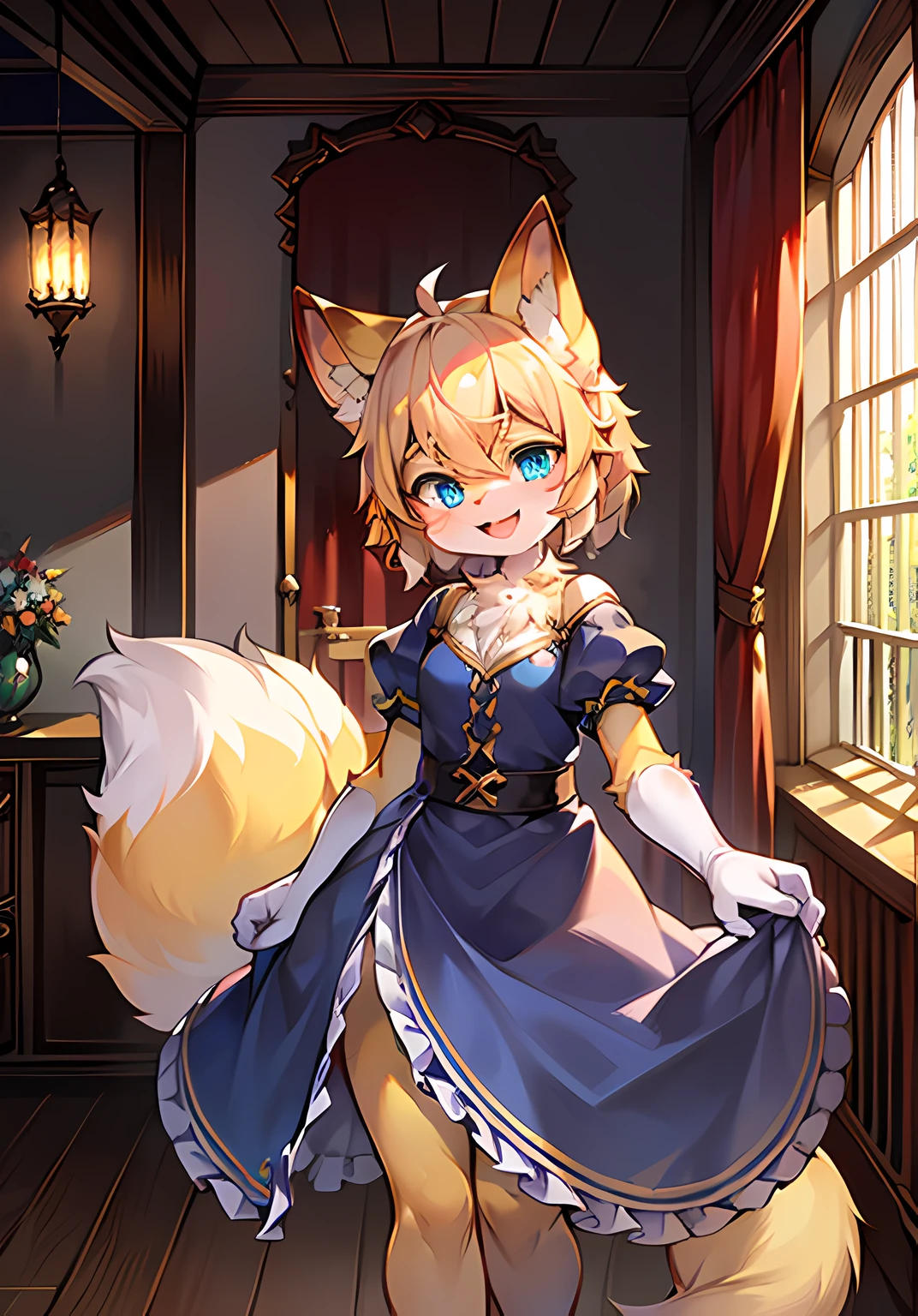 Bright eyes，in a panoramic view，focal point，Detailed background enhancement（0.7），独奏，Furry fortification，Furry female，female focus，anthr，Full Body Furry，Fluffy tail，eBlue eyes，Yellow skin is strengthened，Young，Small and cute strengthened，Laughing（1.2），Long canids strengthened（1.2），interiors、the night、The castle was strengthened（1.1）