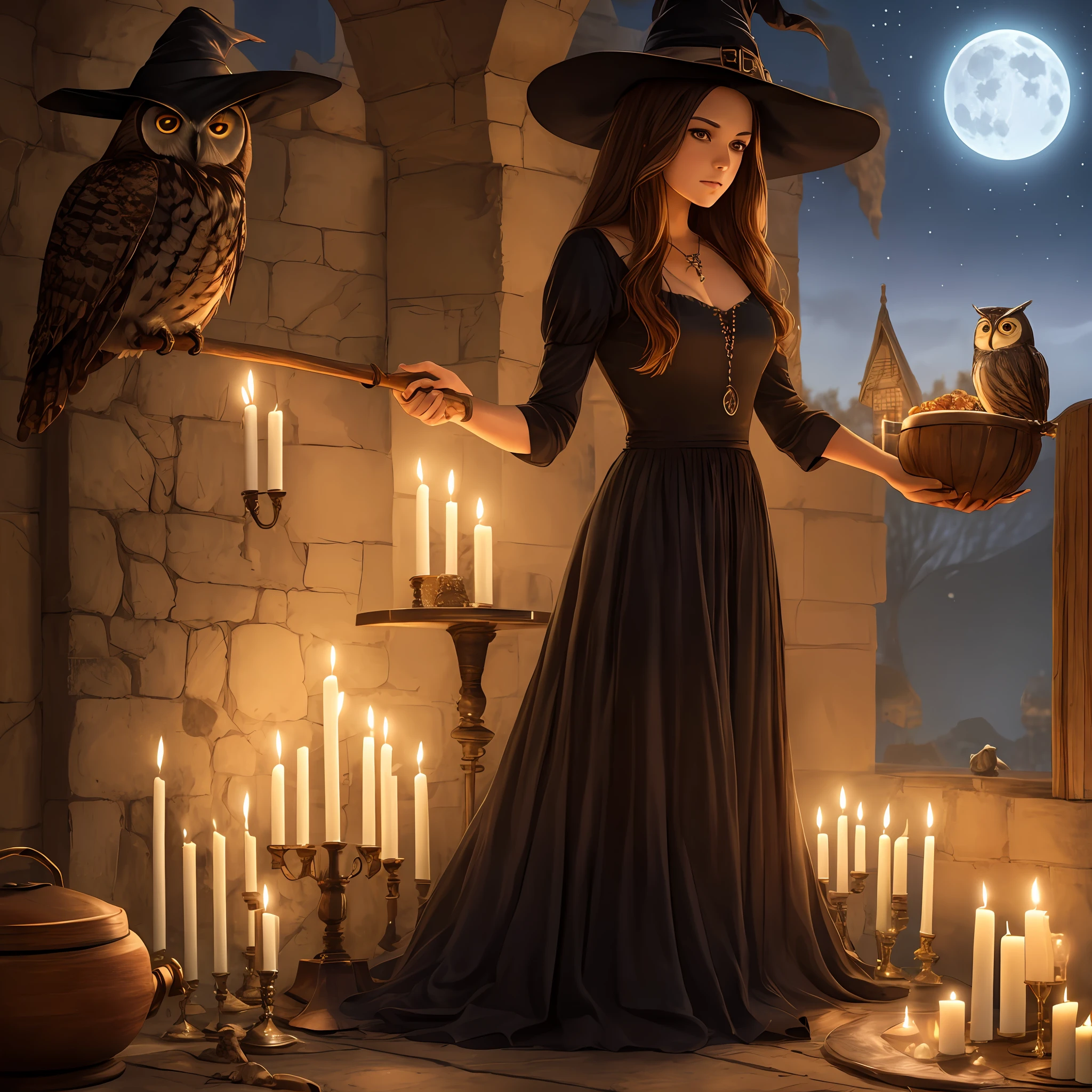 Ultra realistic, one solo Witch, brown hair, brown eyes, black dress, owl, couldron, candles, full moon --auto