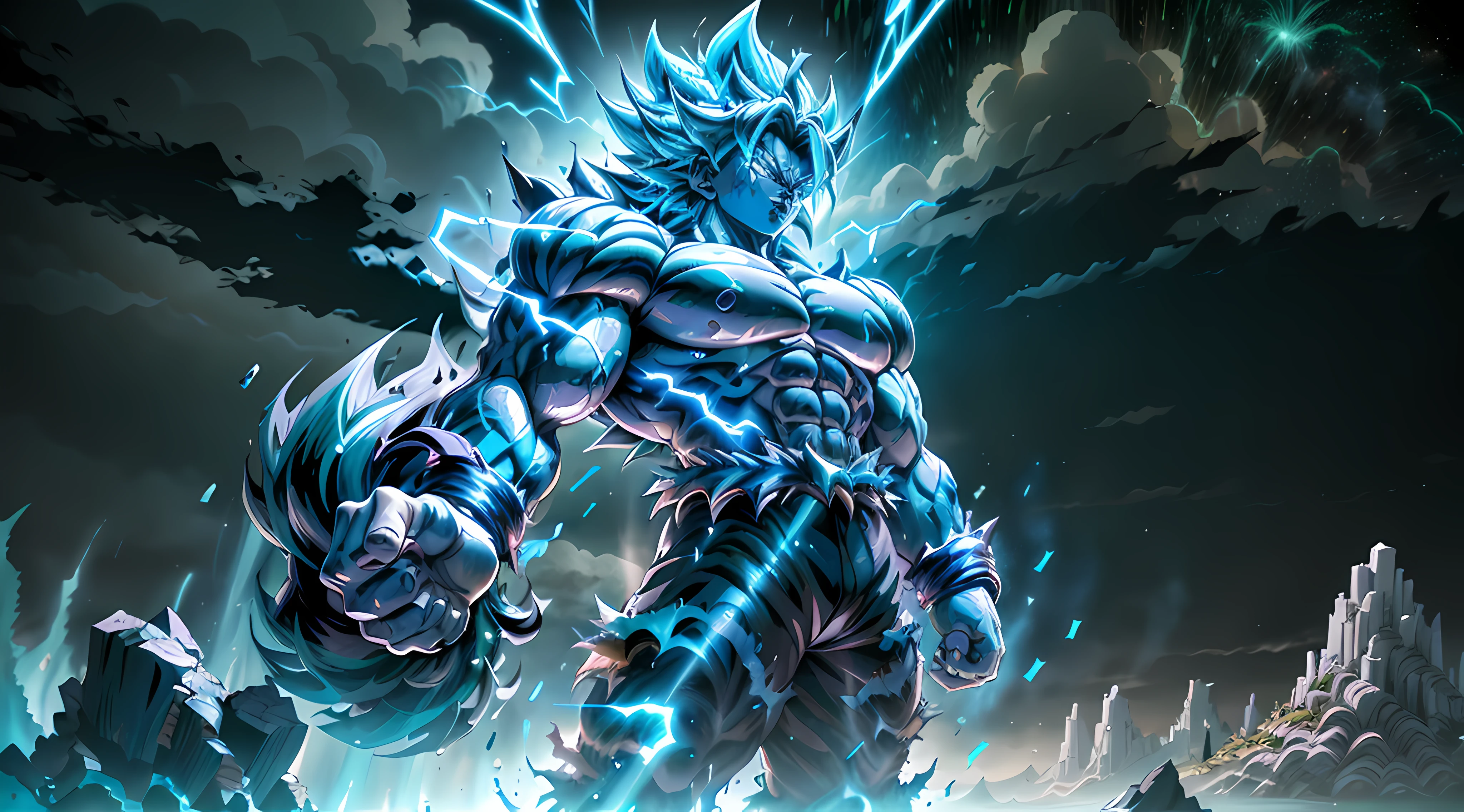 Super Saiyan Broly unleashes a colossal energy wave that shatters the ground and creates a massive shockwave. He stands on a rocky terrain with a stormy sky in the background. The energy wave is a mix of green and blue hues with a swirling pattern. (dark:1.2), (epic:1.3), (chaotic composition:1.2), (metallic:1.1), (gritty texture:1.1), (comic book:1.2), (((3D))), (((realistic))),