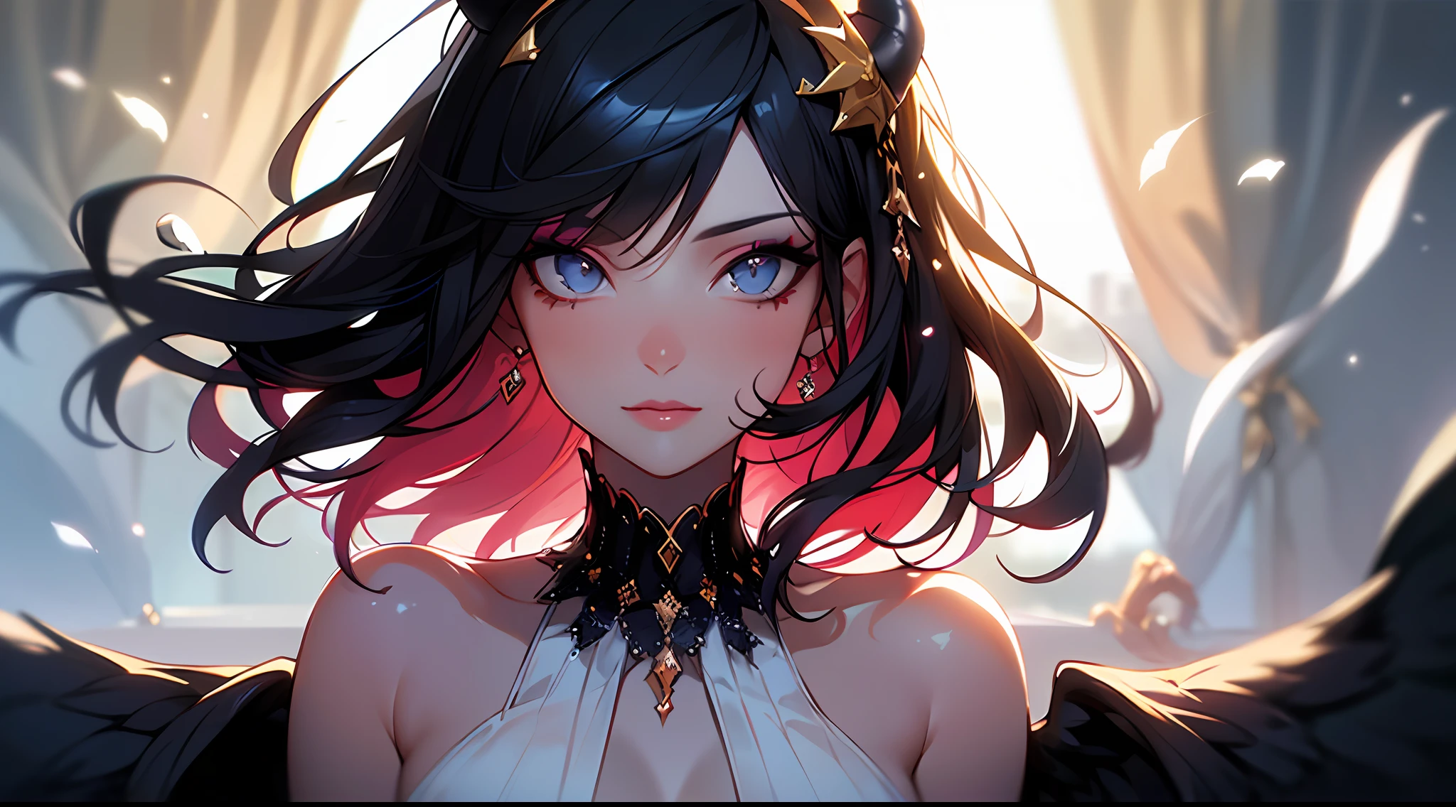 (Masterpiece:1.2), best quality, (illustration:1.2), (ultra-detailed),Eye focus,(Masterfully crafted Glow, pink lens flare), (Cinematic background), hyper details, (delicate detailed), (intricate details),in the air, octane render, hdr, (hyperdetailed:1.15), (soft light:1.2), 1girl, beautiful girl, ultra detailed eyes, mature, plump, thick, rainbow painting drops, paint teardrops, woman made up from paint, entirely paint, splat, splash, outdoors, (bioluminescent hair:1.1),(glowing eyes), ((makeup)),(Cinematic masterpiece), fierce, powerful, splashes of colour absolutely eye-catching, (Cinematic headlight), light coming from above, growing shadows, ((caustic)), dynamic angle, beautiful detailed glow, ambient occlusion, ambient light, raytraced reflections,(best illumination, an extremely delicate and beautiful), ((cinematic light)), (soft:2), (Nephilim:1.2), (halo), demon horns,(1 angel wing),1 demon wing, wings on back, half demon, demon ears, black wings, raven wings, (falling raven feathers), black hair, grey eyes, (red hair glow), (radiant aura),