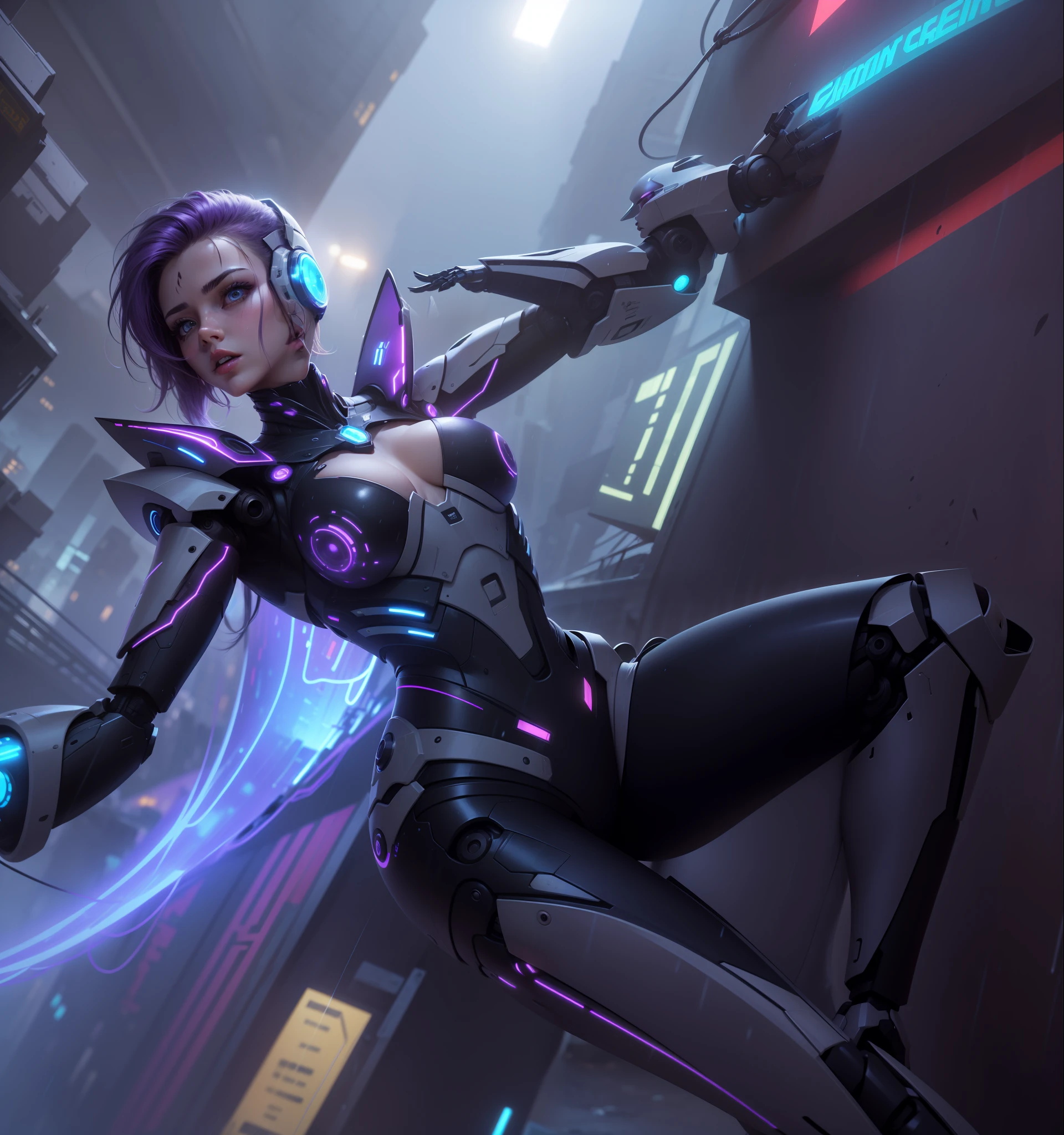 A girl with futuristic robots suit crawling on the wall, purple hair, medium breast, opened chest, futuristic city in the night, Rain, purple LED on suit, blue light claws on her left hands, Future city, lightning effect, Cinematic lighting, Amazing, robots girl, highly detailed face, 8K, ultra quality, realistic, masterpiece,