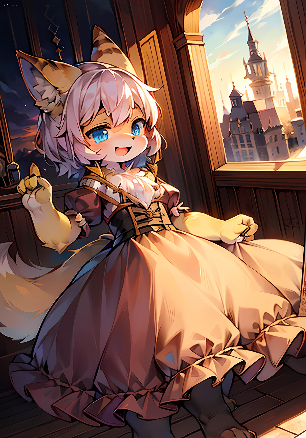 Bright eyes，in a panoramic view，focal point，Detailed background enhancement（0.7），独奏，Furry fortification，Furry female，female focus，anthr，Full Body Furry，Fluffy tail，eBlue eyes，Yellow skin is strengthened，Young，Small and cute strengthened，Laughing（1.2），Long canids strengthened（1.2），interiors、the night、The castle was strengthened（1.1）