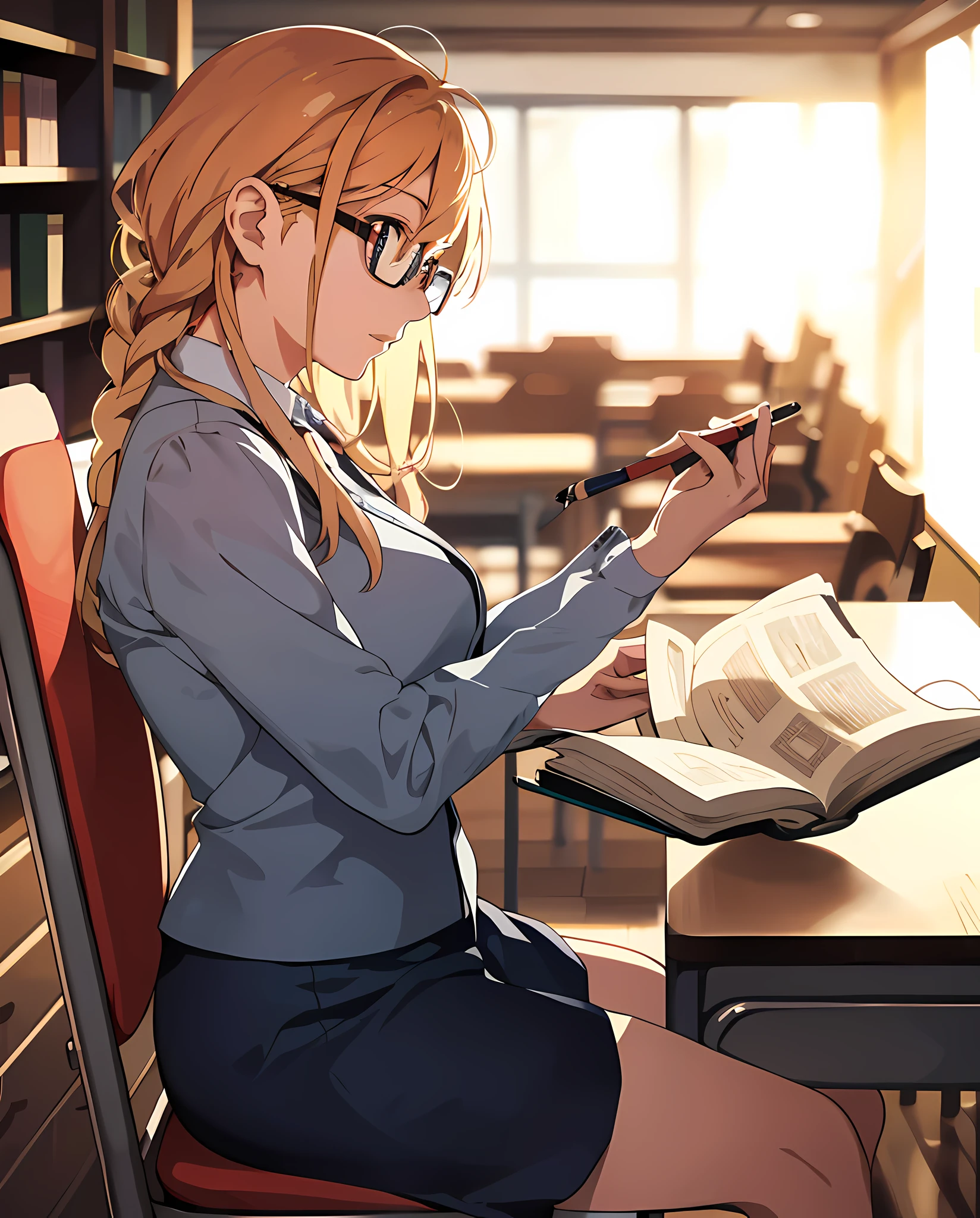 anime girl sitting at a table with a book and pen, studying, realistic woman, digital anime illustration, beautiful anime girl, seductive anime girl, trying to study, elegant study, librarian, with glasses, anime moe artstyle, hyperrealistic girl, clean detailed anime art, sat at her desk, anime illustration, vivid, cell shading, 8k