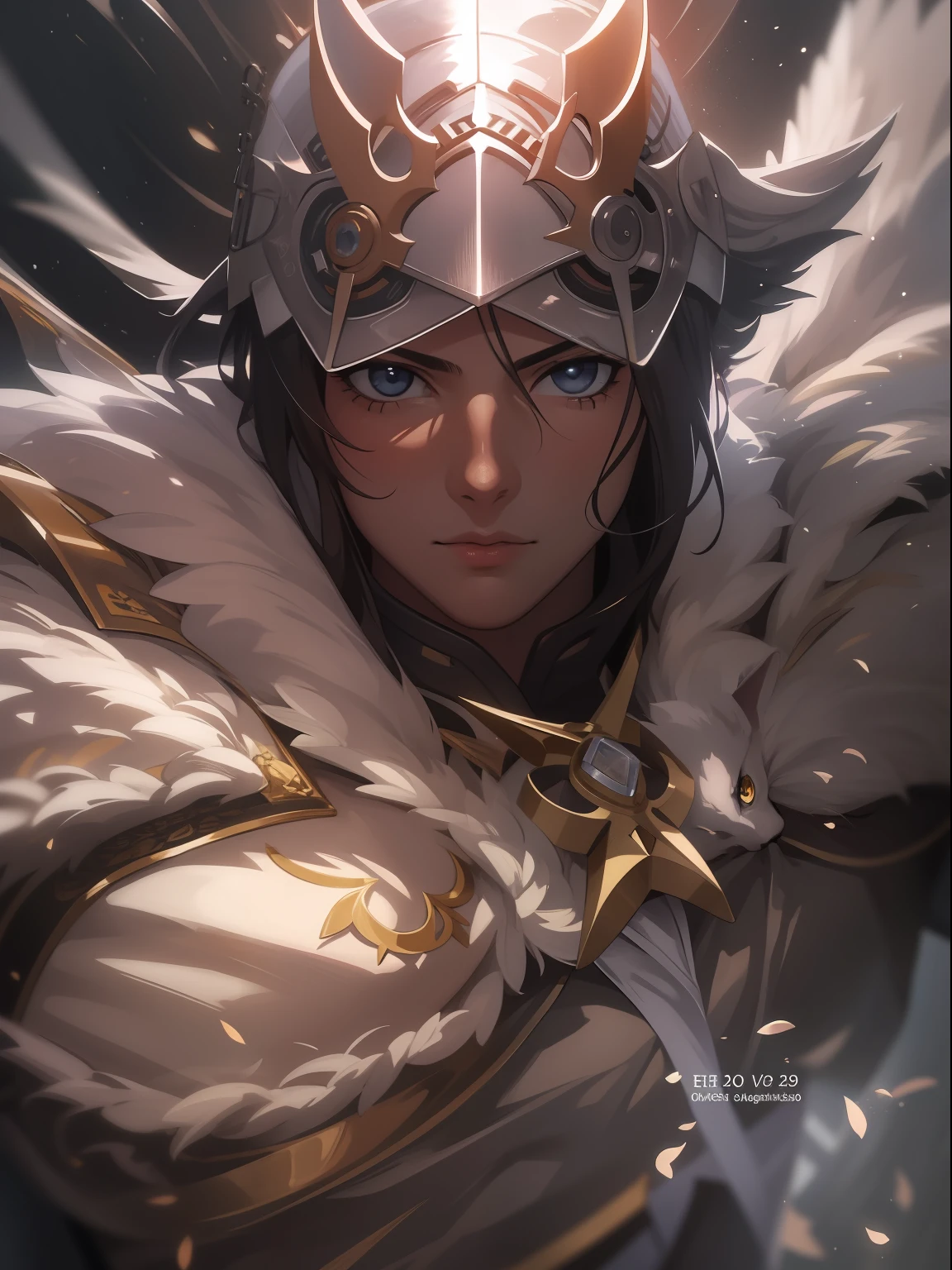 Desenho da capa, Angelic Warrior with Light in His Eyes, expression serious, intensidade de close-up, master part, best quality, ultra-detalhado, Beautiful cinematic lighting, detalhes intrincados, Olhando para o Viewer, Profundidade de campo-AR 2:3-s 200