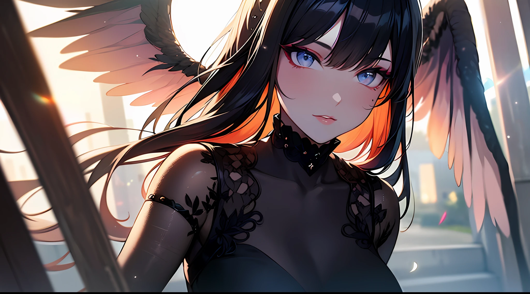 (Masterpiece:1.2), best quality, (illustration:1.2), (ultra-detailed),Eye focus,(Masterfully crafted Glow, pink lens flare), (Cinematic background), hyper details, (delicate detailed), (intricate details),in the air, octane render, hdr, (hyperdetailed:1.15), (soft light:1.2), 1girl, beautiful girl, ultra detailed eyes, mature, plump, thick, rainbow painting drops, paint teardrops, woman made up from paint, entirely paint, splat, splash, outdoors, (bioluminescent hair:1.1),(glowing eyes), ((makeup)),(Cinematic masterpiece), fierce, powerful, splashes of colour absolutely eye-catching, (Cinematic headlight), light coming from above, growing shadows, ((caustic)), dynamic angle, beautiful detailed glow, ambient occlusion, ambient light, raytraced reflections,(best illumination, an extremely delicate and beautiful), ((cinematic light)), (soft:2), (Nephilim:1.2), (halo), demon horns,(1 angel wing),1 demon wing, wings on back, half demon, demon ears, black wings, raven wings, (falling raven feathers), black hair, grey eyes, (red hair glow), (radiant aura),