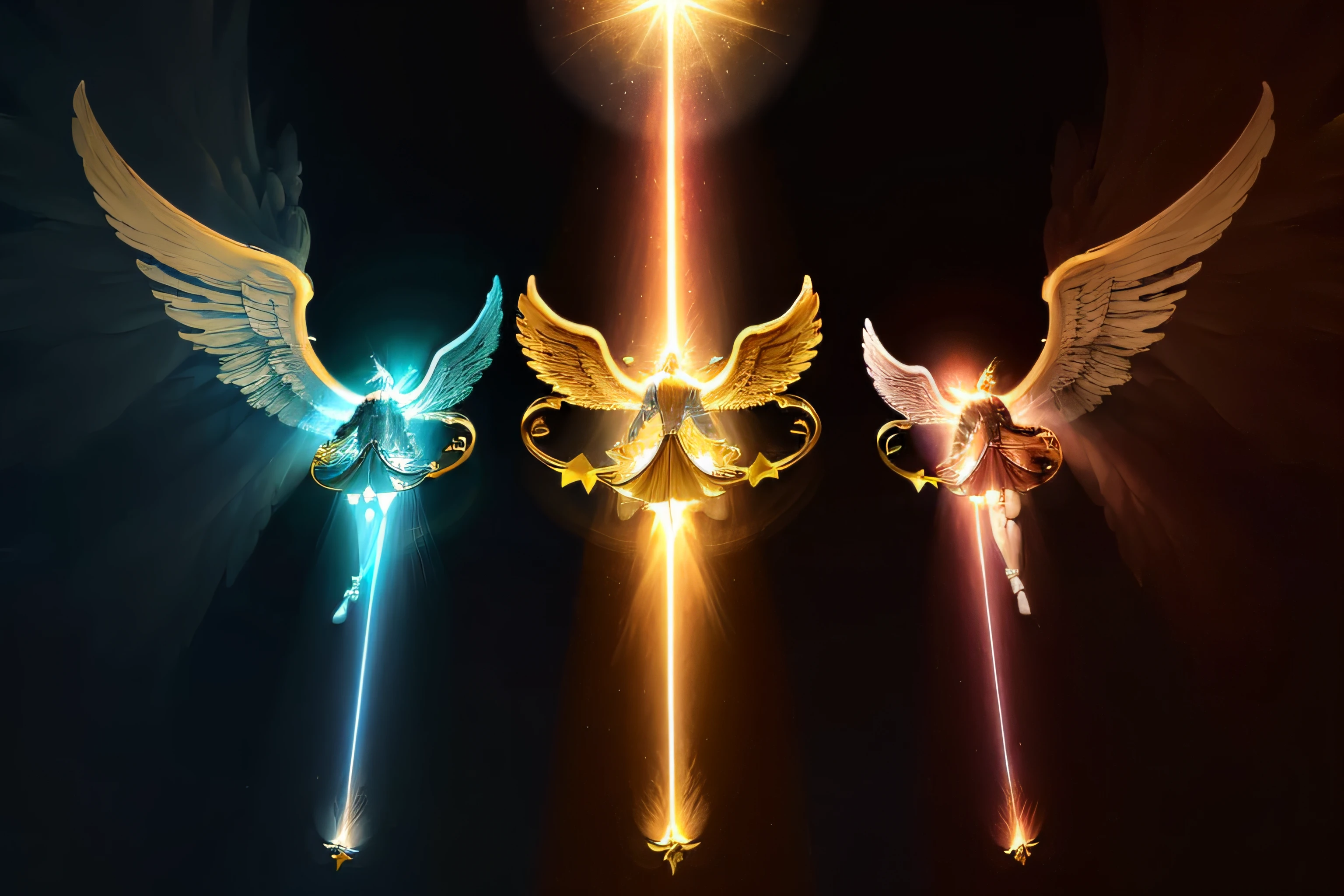 a centered, WIDE ANGLE PHOTO celestial realm ((three majestic and powerful male angels soar gracefully on huge wings)), their divine presence illuminated by celestial light. (((Each angel wields a magnificent trumpet))), poised to deliver a resounding call. Their awe-inspiring wingspan spans across the heavens, exuding an aura of strength and authority.