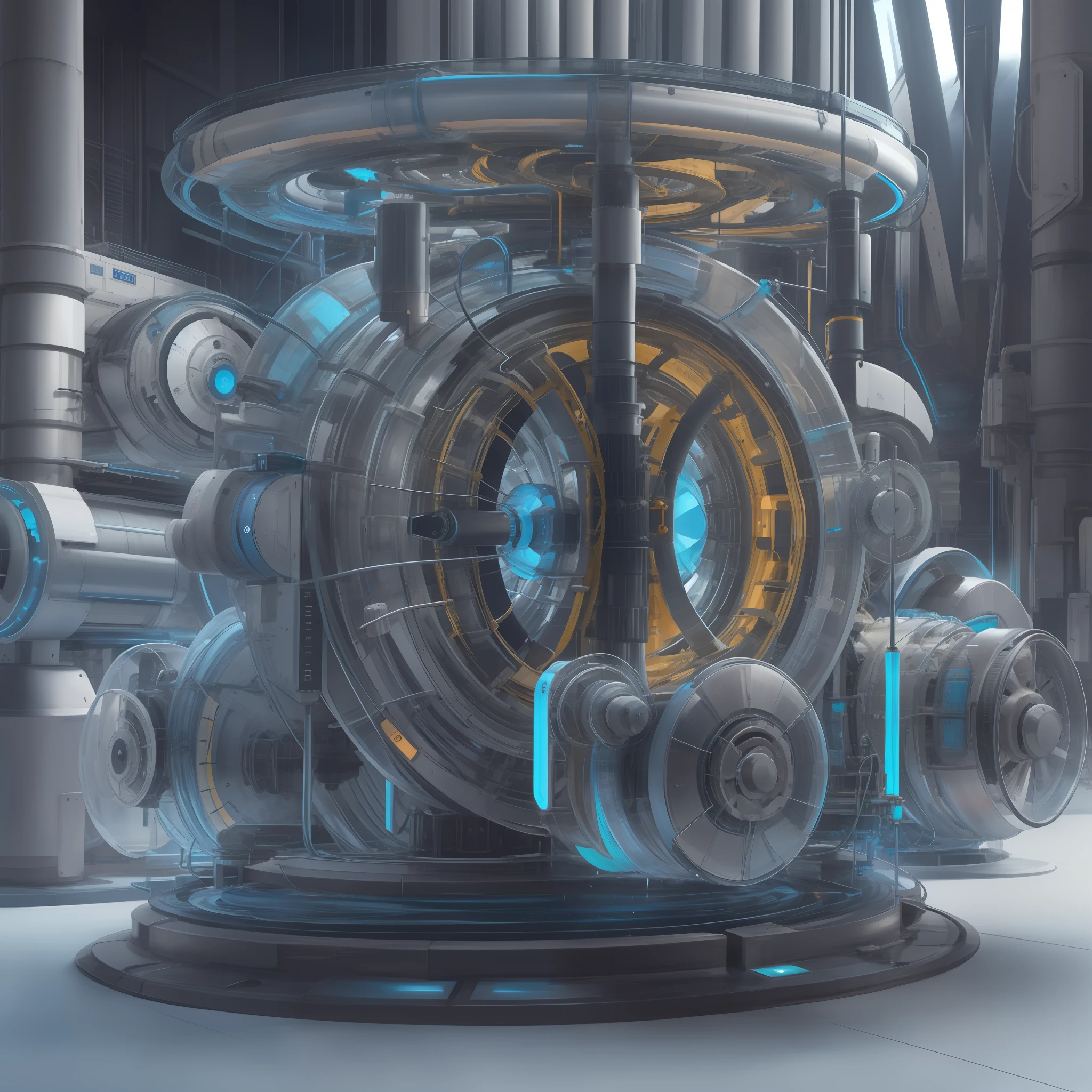 Make a tubular particle generator, extremamente detalhado, Ultra Detalhado, modern and technologically advanced. cores vibrantes, Blue Rays and a Futuristic Time Machine.