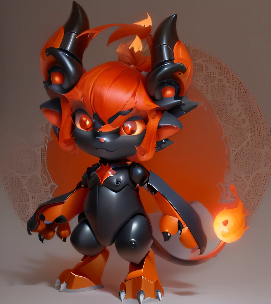 A close-up of a cartoon cat with horns and a red head, fluffy orange skin, octan render, devilish, demon male, giesha demon, cute fumo chibi plush imp, satyr, Demon Boy, mika kurai demon, male djinn man demon hybrid, fire demon, one a demon - like creature, one a demon-like creature，Cartoon bear with black nails and red bow, cow hoof feet, detailed legs looming over you, obsidian hooves, cloven feet and horns, Both legs have claw feet, Detailed legs, sleek dragon legs, robot dragon feet, detailed close foot shot, detailed foot shot, thick warframe legs, detailed robot dragon feet, small thighs