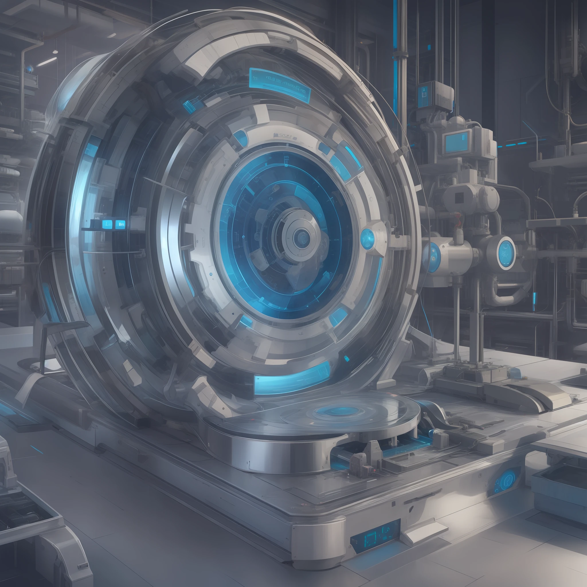 Make a tubular particle generator, extremamente detalhado, Ultra Detalhado, modern and technologically advanced. cores vibrantes, Blue Rays and a Futuristic Time Machine.