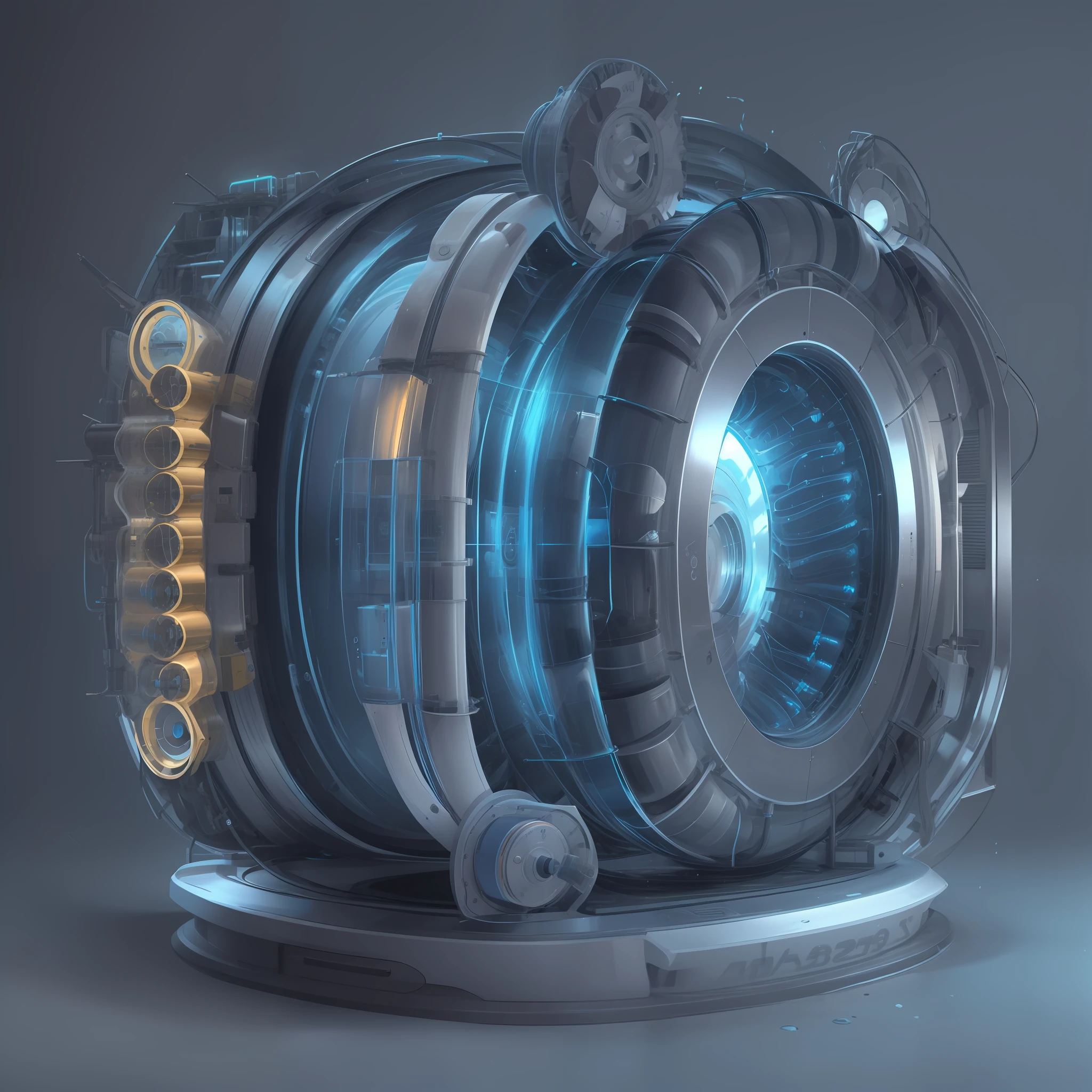 Make a tubular particle generator, extremamente detalhado, Ultra Detalhado, modern and technologically advanced. cores vibrantes, Blue Rays and a Futuristic Time Machine.