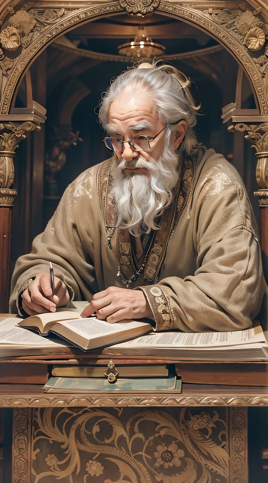 In a dimly lit study adorned with ancient tomes and philosophical artifacts, A philosopher sits at an ornate wooden table, Absorto em pensamentos, cercado pelo fraco aroma de pergaminho velho e o brilho suave da luz de velas, His eyes filled with intellectual curiosity and contemplation, Artwork, A detailed illustration using fine ink pens, capturing the intricate details of the philosopher's wrinkled face and the richness of his academic environment