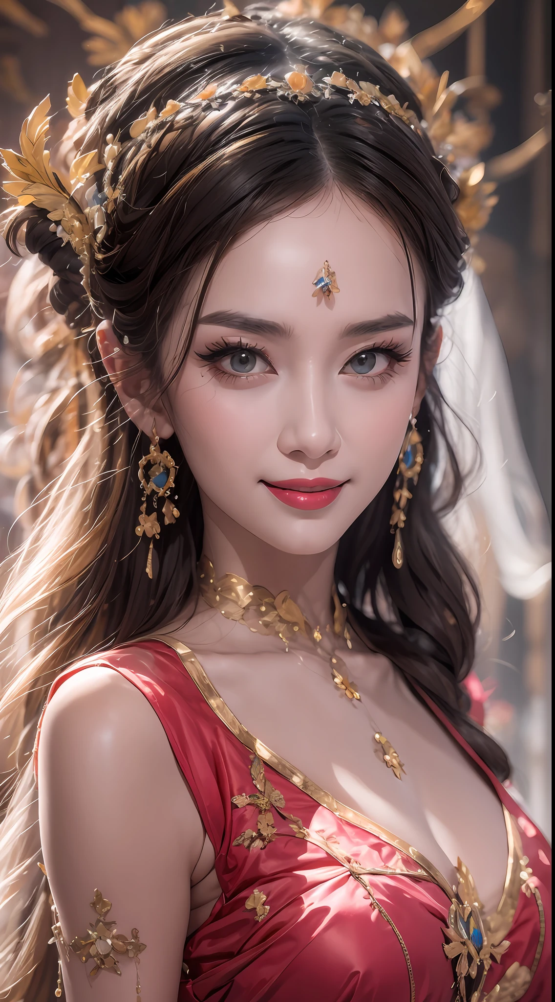 Portrait of a 27-year-old saint,Charming adult saint in a long dress made of thin silk, beautiful saint with an old face, adult, wearing a thin multicolored silk dress, beautiful face without blemishes, (((Smiling lightly:1.4))), ((7-color hair length:1.2)), big crown, hair brooch, hanfu dress, chinese ancient style, full body jewelry, forehead tattoo, super even chest, face, innocent face, The most beautiful and detailed light red lipstick, ((Thin plump lips:0.3)), delicate pink and white eyes (white and detailed) cinematic, light and dark, dramatic lighting, magical light, extremely detailed light, true color, super sharp, realistic, 8k quality, fantasy universe background, saints and magical space, the most detailed images, ((Solo:0.3)), ((a saintess:0.6)), ((looking directly at the saint's upper body:0.4)), ((smooth skin:0.5)), ((the holy woman's veil:0.6)),
