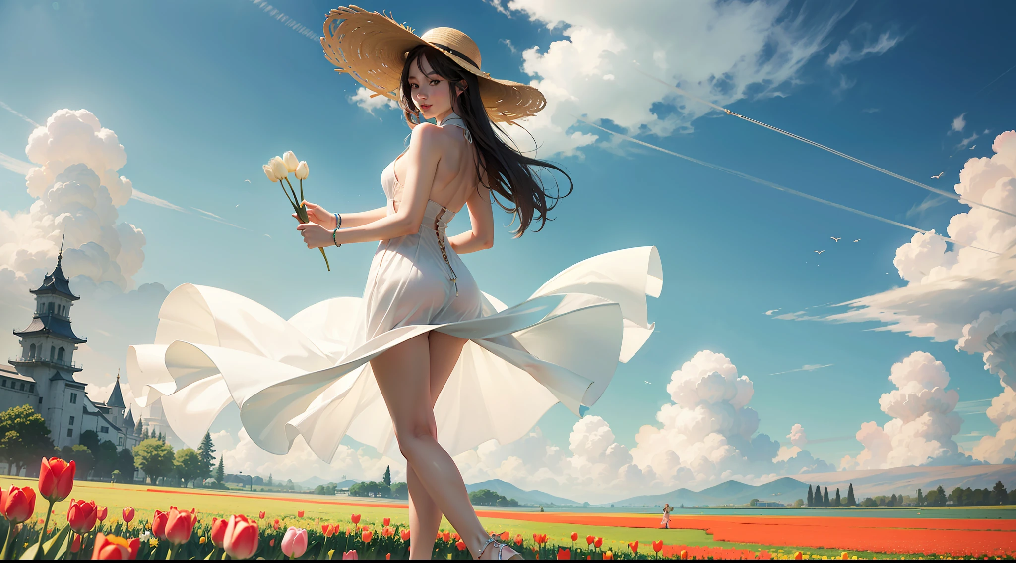 cute very pale chinese 28 year old woman standing in sea of tulips wearing a white skimpy halter dress revealing back, wearing heeled sandals, subtle smile, tall and slim, long wavy hair, wearing sunglasses, wearing a wide beige sun hat, standing in flower field, holding tulips and smelling them, dreamy expression, flower sea, only one person