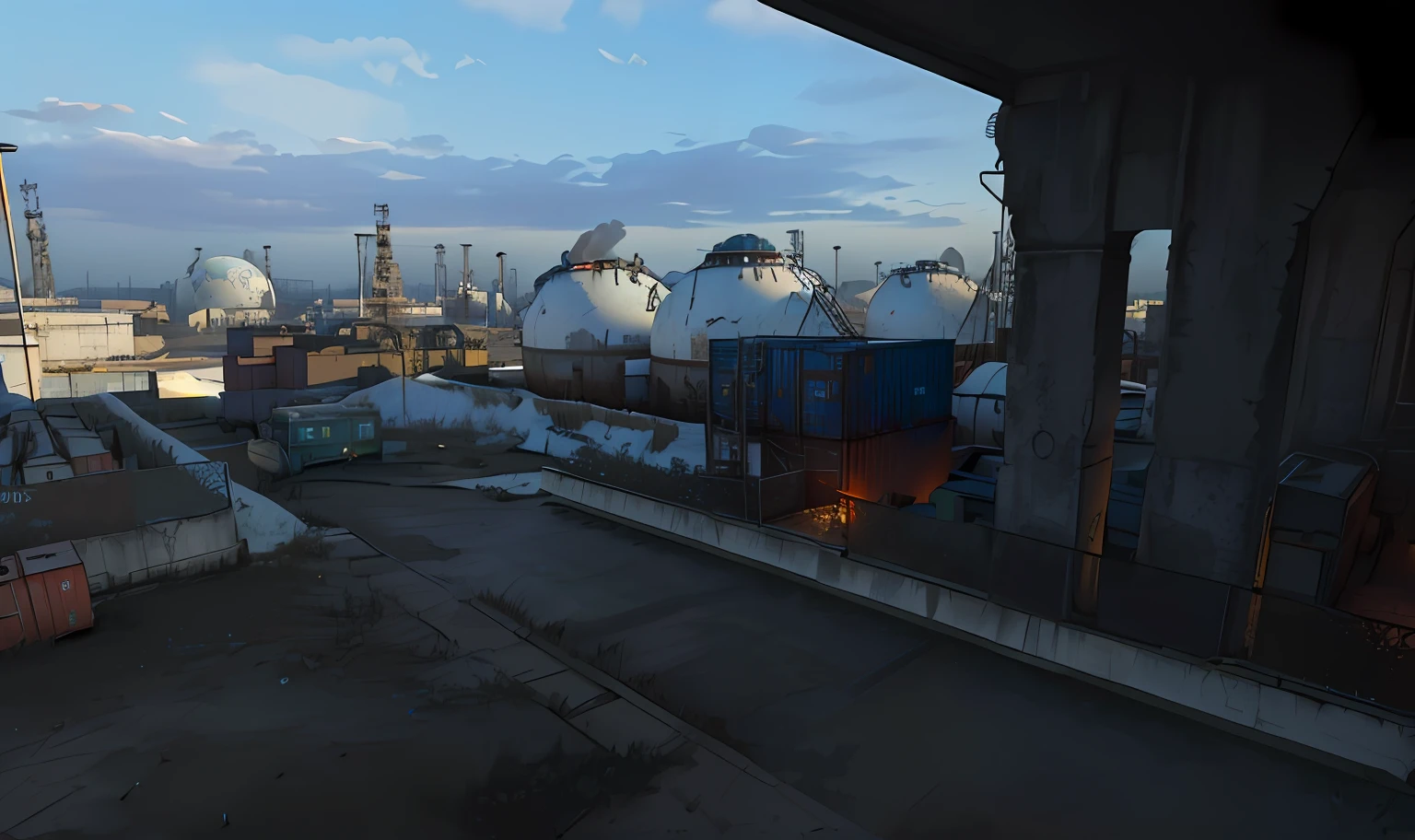 Detailed render of an abandoned factory, Stylized screenshot from the game, surround light, Everywhere there are containers and huge spherical fuel tanks, Hyper-detailed scene, ingame image, game cg, Реалистичный Unreal Engine 3D игра, высокодетализированная среда, in game graphic, Detailed scene, Sovetsky Dvor, Complex, detailed environment, highly detailed scene, Game environment, Hyperdetalizirovanaya environment