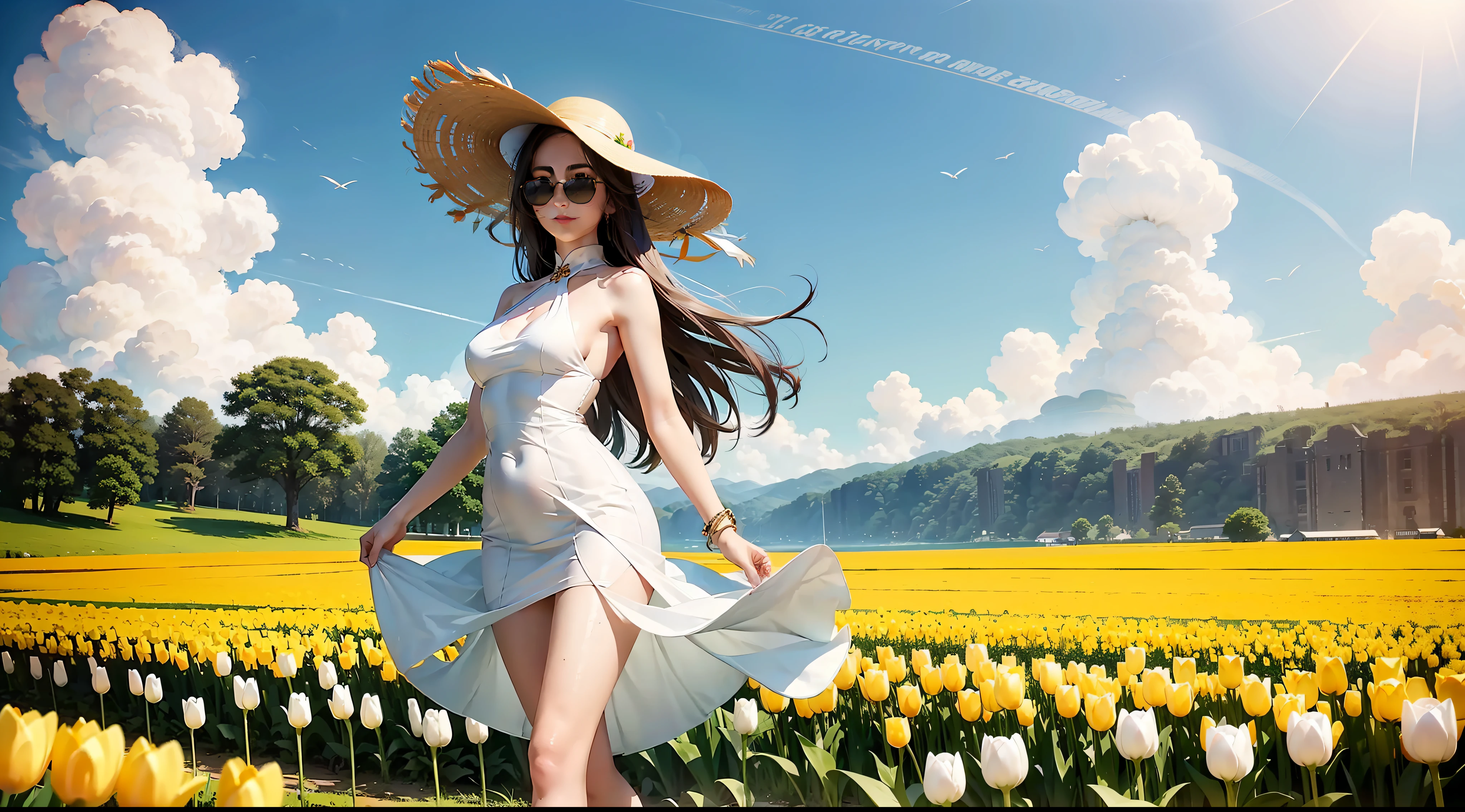 cute very pale chinese 28 year old woman standing in sea of tulips wearing a white skimpy halter dress revealing back, wearing heeled sandals, subtle smile, tall and slim, long wavy hair, wearing sunglasses, wearing a wide beige sun hat, standing in flower field, holding tulips and smelling them, dreamy expression, flower sea, only one person
