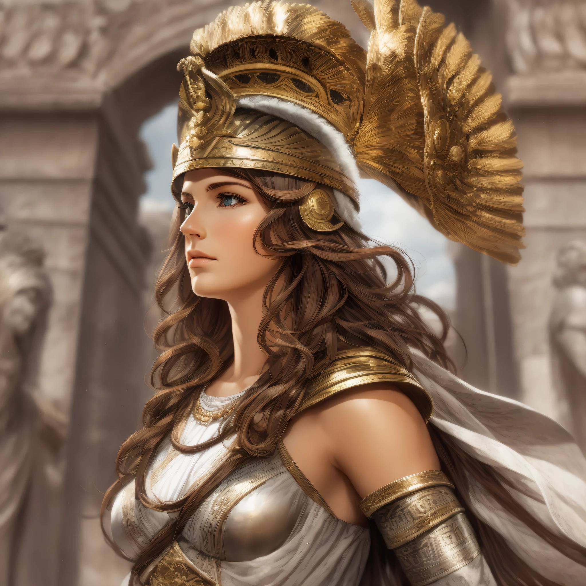 Greek Goddess Athena, brown hair, gray eyes, greek helmet, very beautifyl woman