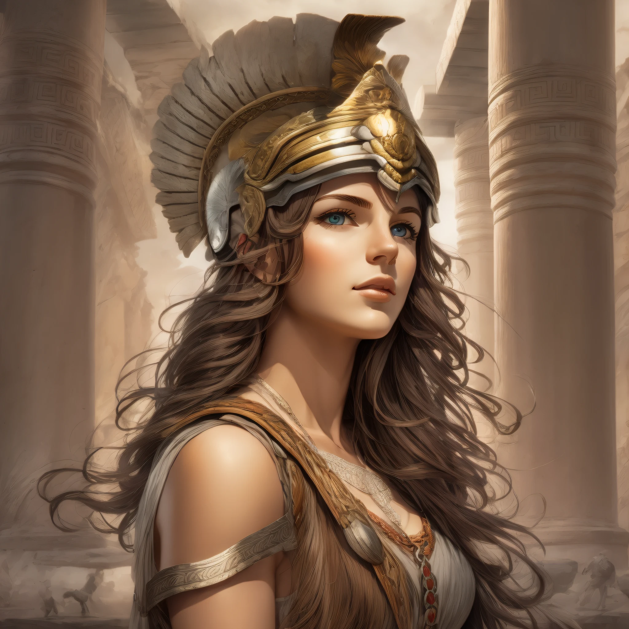 Greek Goddess Athena, brown hair, gray eyes, greek helmet, very beautifyl woman