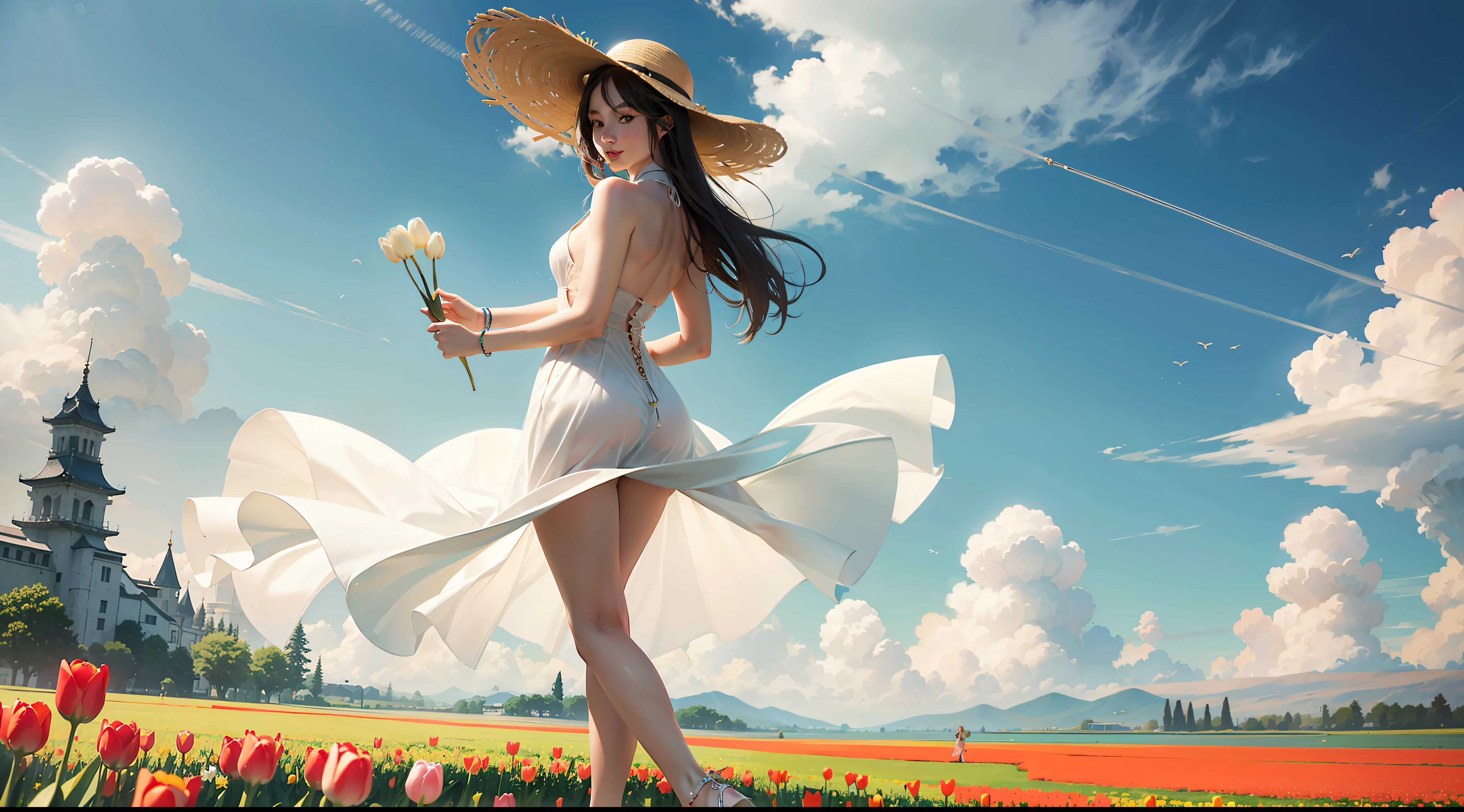 cute very pale chinese 28 year old woman standing in sea of tulips wearing a white skimpy halter dress revealing back, wearing heeled sandals, subtle smile, tall and slim, long wavy hair, wearing sunglasses, wearing a wide beige sun hat, standing in flower field, holding tulips and smelling them, dreamy expression, flower sea, only one person