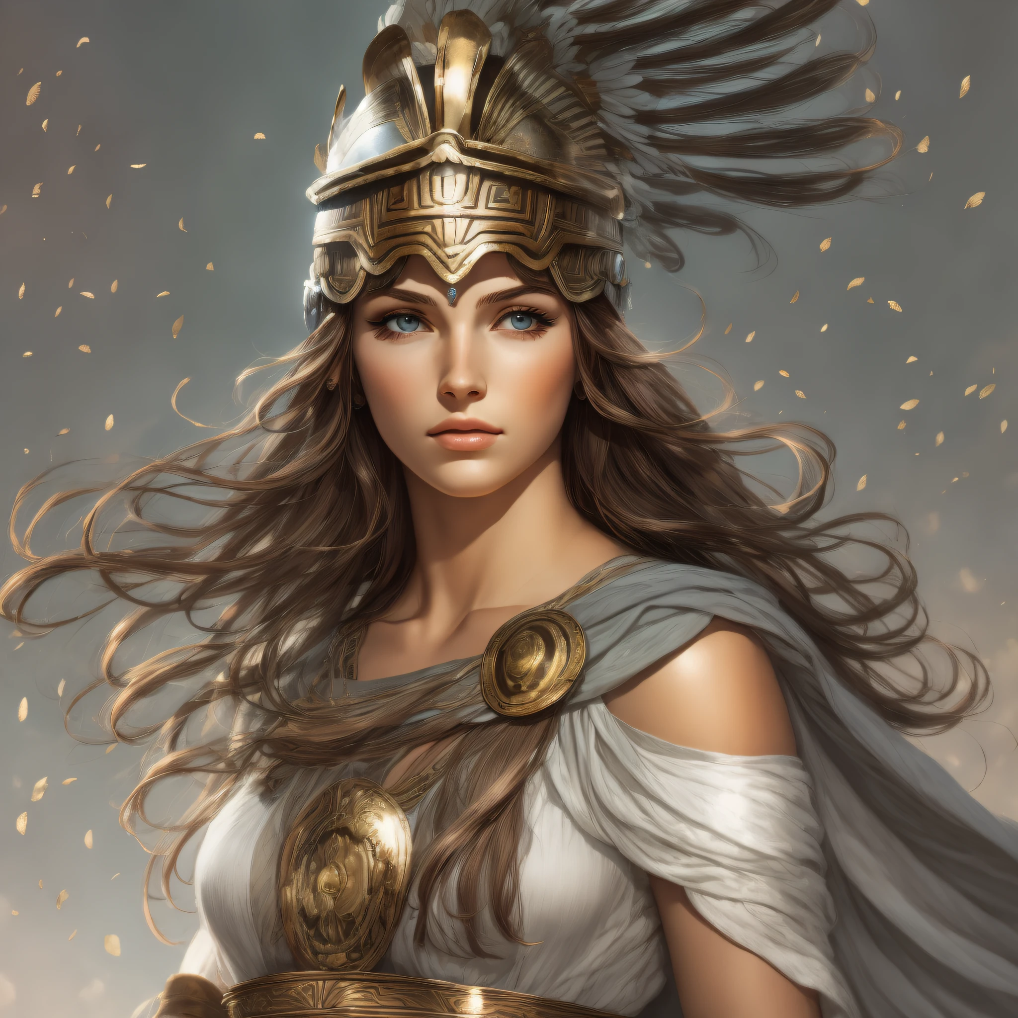 Greek Goddess Athena, brown hair, gray eyes, greek helmet, very beautifyl woman