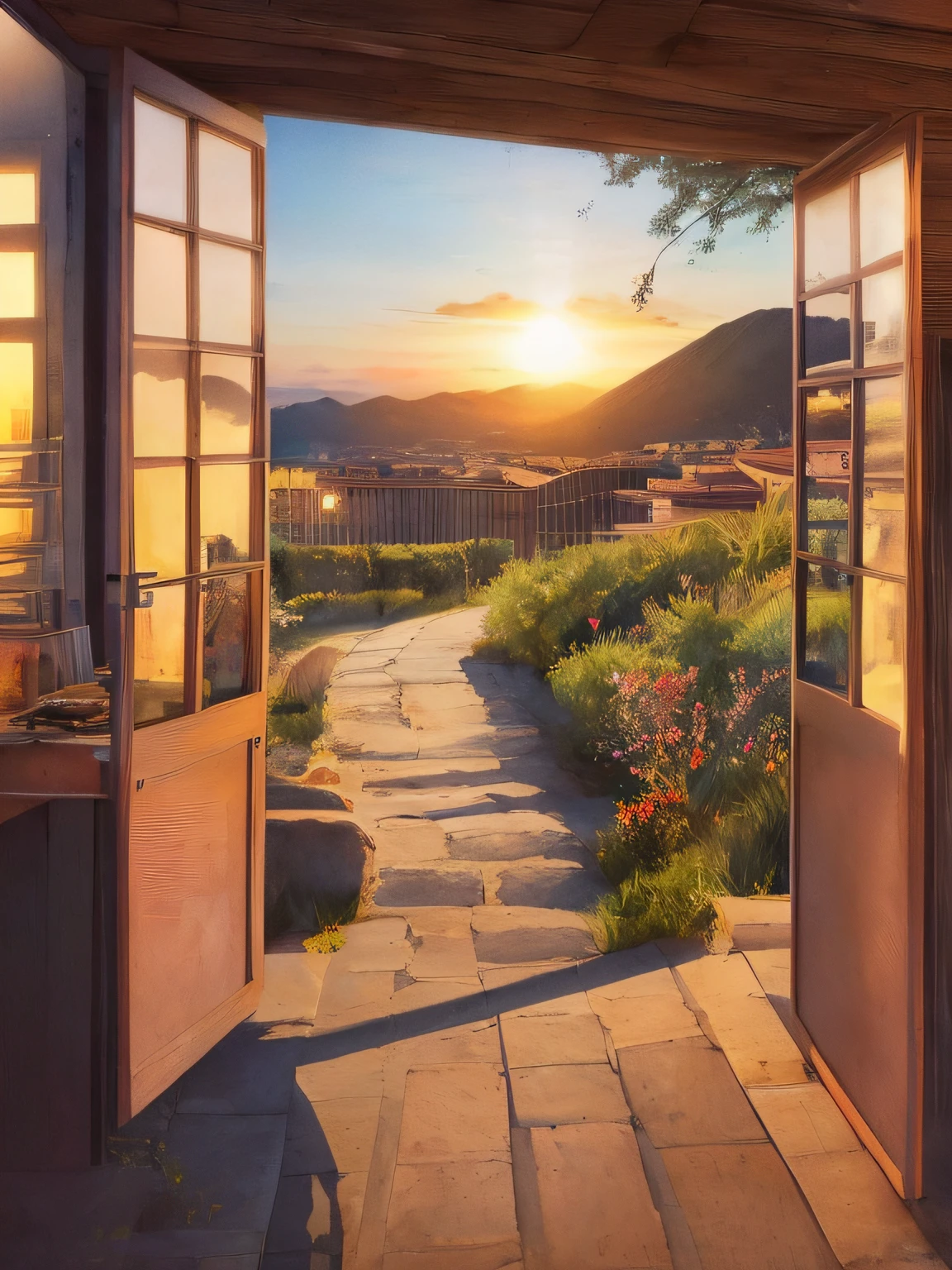 Artistic style, Sunset between two mountains ,((obra-prima)), ((melhor qualidade))), ((ultra detalhe)), ((illustration)), ((realista)), (reflexos), foco nítido, frontlighting, sombras intensas,