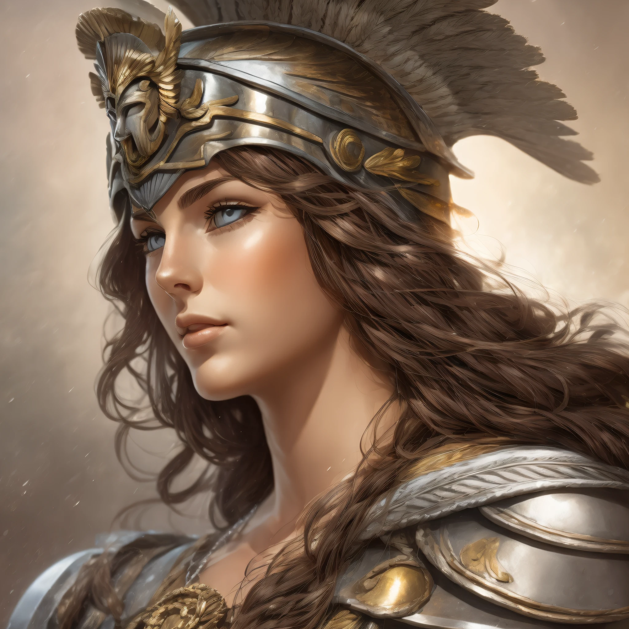 Greek Goddess Athena, brown hair, gray eyes, greek helmet, very beautifyl woman