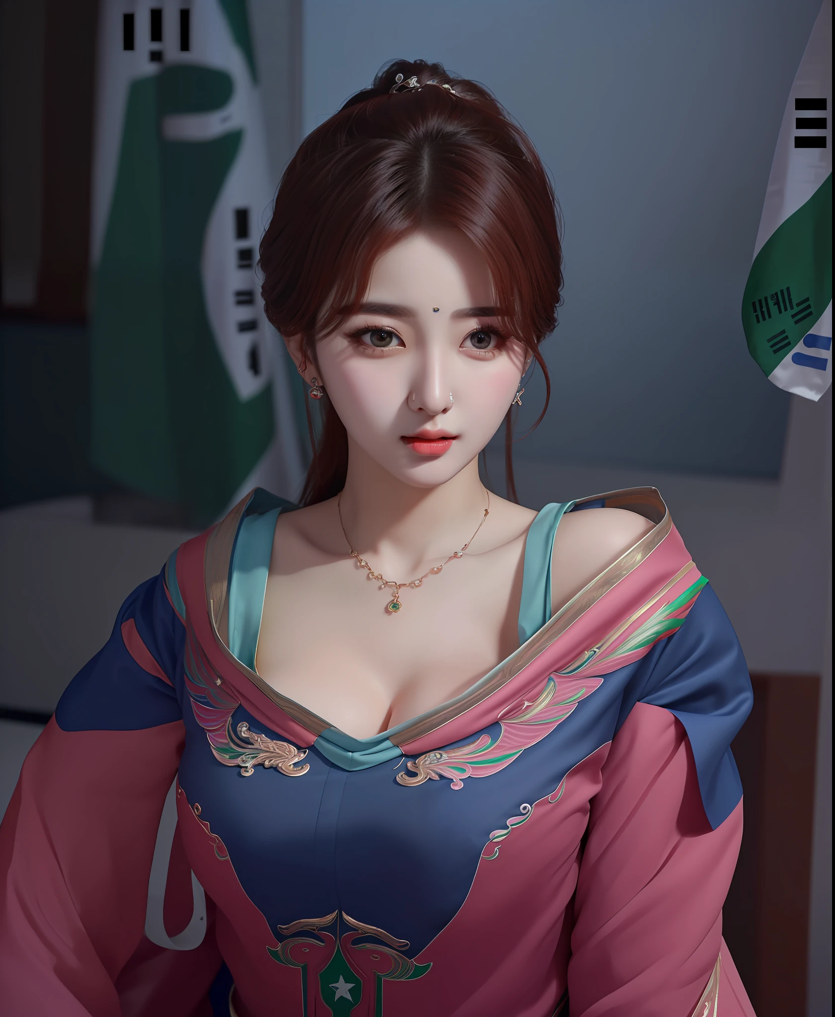 (masterpiece, best quality, extremely detailed 8k, ultra hd, ultra-detailed, highly detailed, highly realistic, ultra-realistic, photo realistic), (1girl:1.5), (beautiful Pakistani woman:1.8), (cute Korean Idol woman:1.8), (detailed realistic skin), (realistic big breasts), slender abs, (closed mouth:1.4)