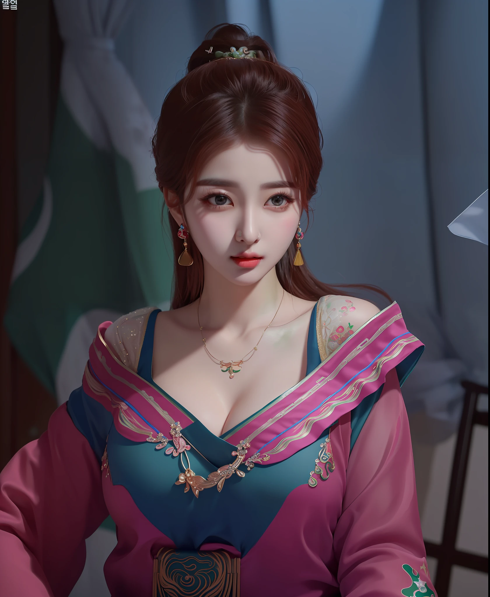 (masterpiece, best quality, extremely detailed 8k, ultra hd, ultra-detailed, highly detailed, highly realistic, ultra-realistic, photo realistic), (1girl:1.5), (beautiful Pakistani woman:1.8), (cute Korean Idol woman:1.8), (detailed realistic skin), (realistic big breasts), slender abs, (closed mouth:1.4)