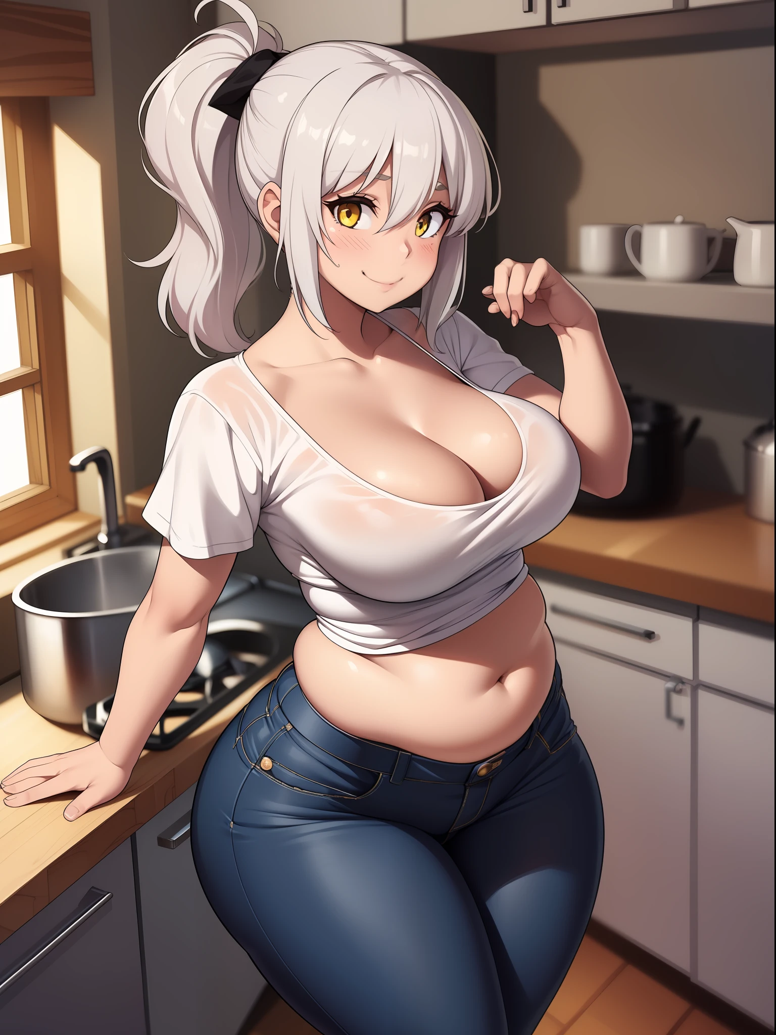 (((kipteitei art))), Masterpiece, high quality, best quality, beautiful, HD, perfect lighting, detailed face, detailed body, ((1girl)), ((solo)), ((silver hair)), medium hair, ponytail, (messy hair), hair between the eyes, yellow eyes, smile, (excited), happy, blush, looking at viewer, cowboy shot, ((white shirt)), jeans, ((((tight pants)))), large breasts, cleavage, perky breasts, ((wide hips)), (((thick thighs))), ((fat ass)), pudgy belly, belly hang, ((kitchen)), leaning on counter, dynamic pose,