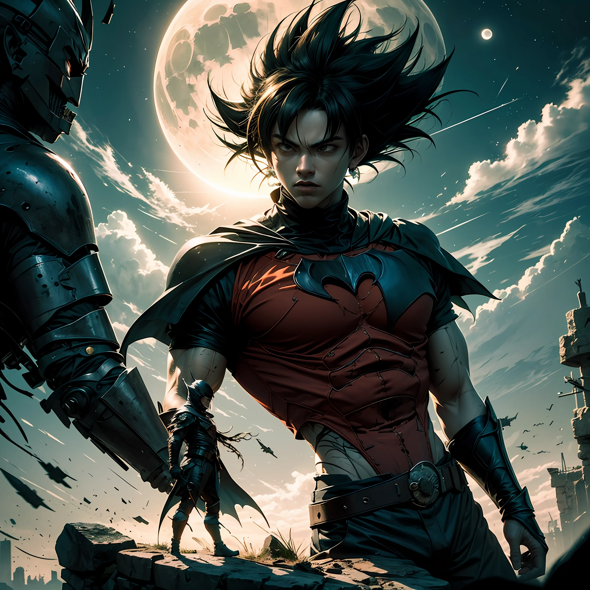 Goku as a dark knight is imposing in a lost Gothic city. Moonlight highlights your muscles and scars. El paisaje es exuberante y misterioso, with futuristic tech and surroundings. The camera details everything, in front of him. --auto