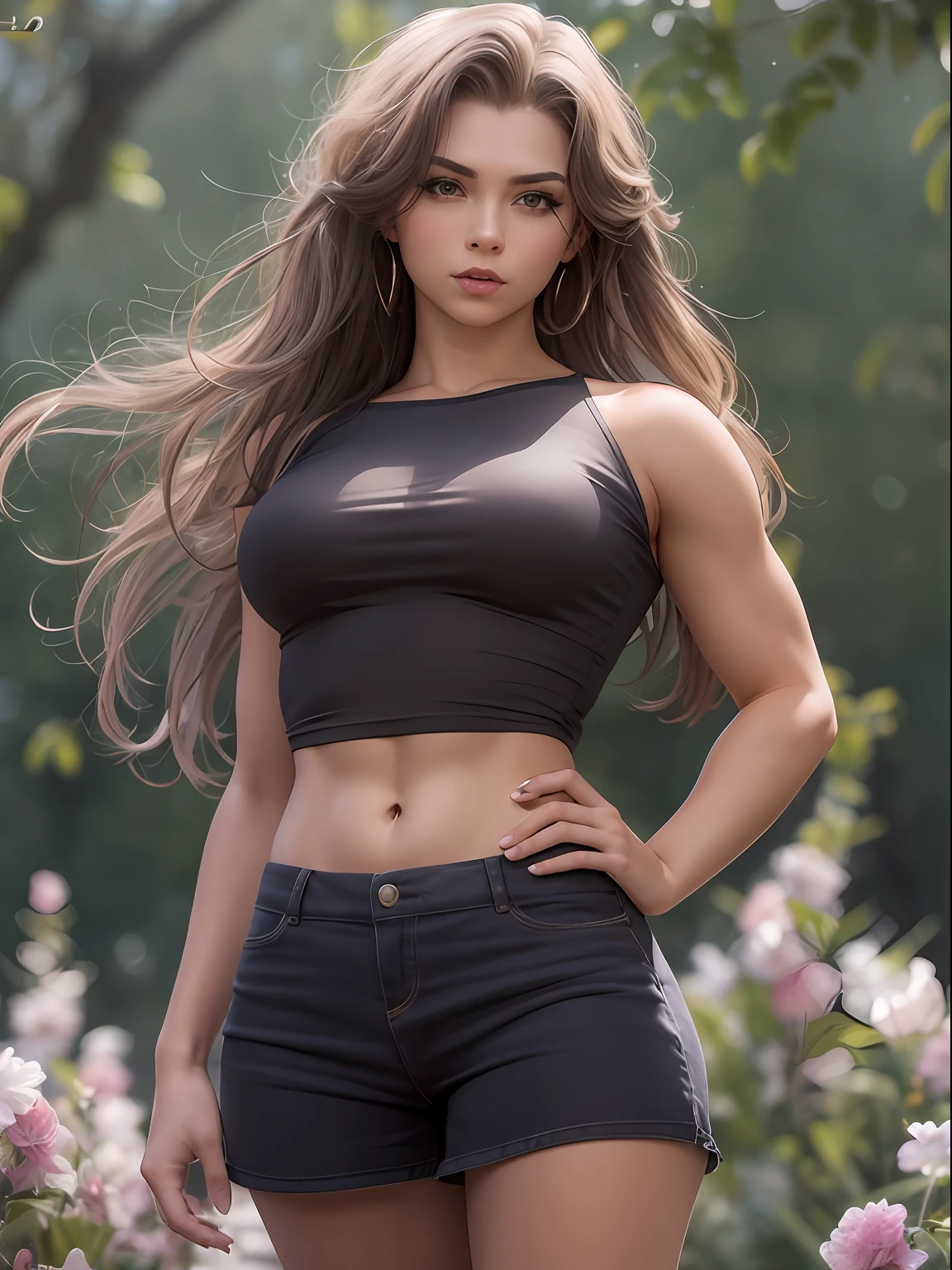 Gorgeous 19 year old girl, muscular arms, looking at camera, (nearly without clothes:1.3), Hyperrealism, bloom, UHD, best quality, highres, high details, 8k, lewd, naughty, obscene, public hair, correct anatomy