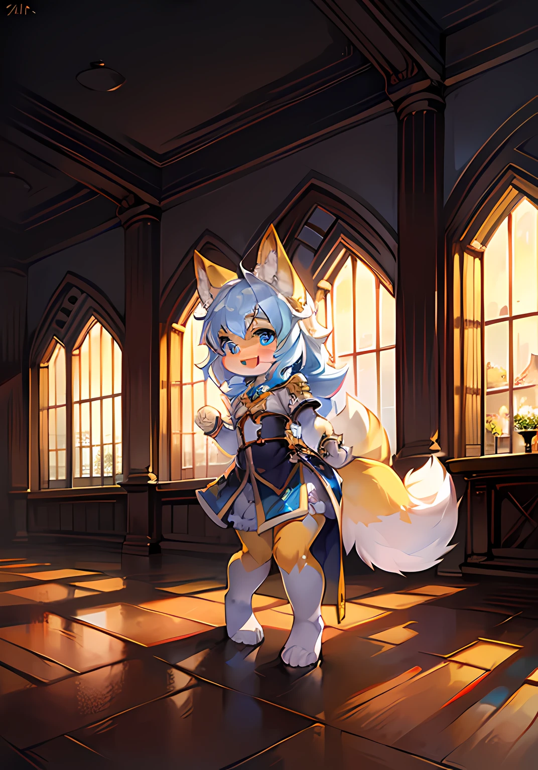 Bright eyes,in a panoramic view,focal point,Detailed background enhancement(0.7),独奏,Furry fortification,Furry female,female focus,anthr,Full Body Furry,Fluffy tail,eBlue eyes,Yellow skin is strengthened,Young,Small and cute strengthened,Laughing(1.2),Long canids strengthened(1.2),interiors、the night、The castle was strengthened(1.1)