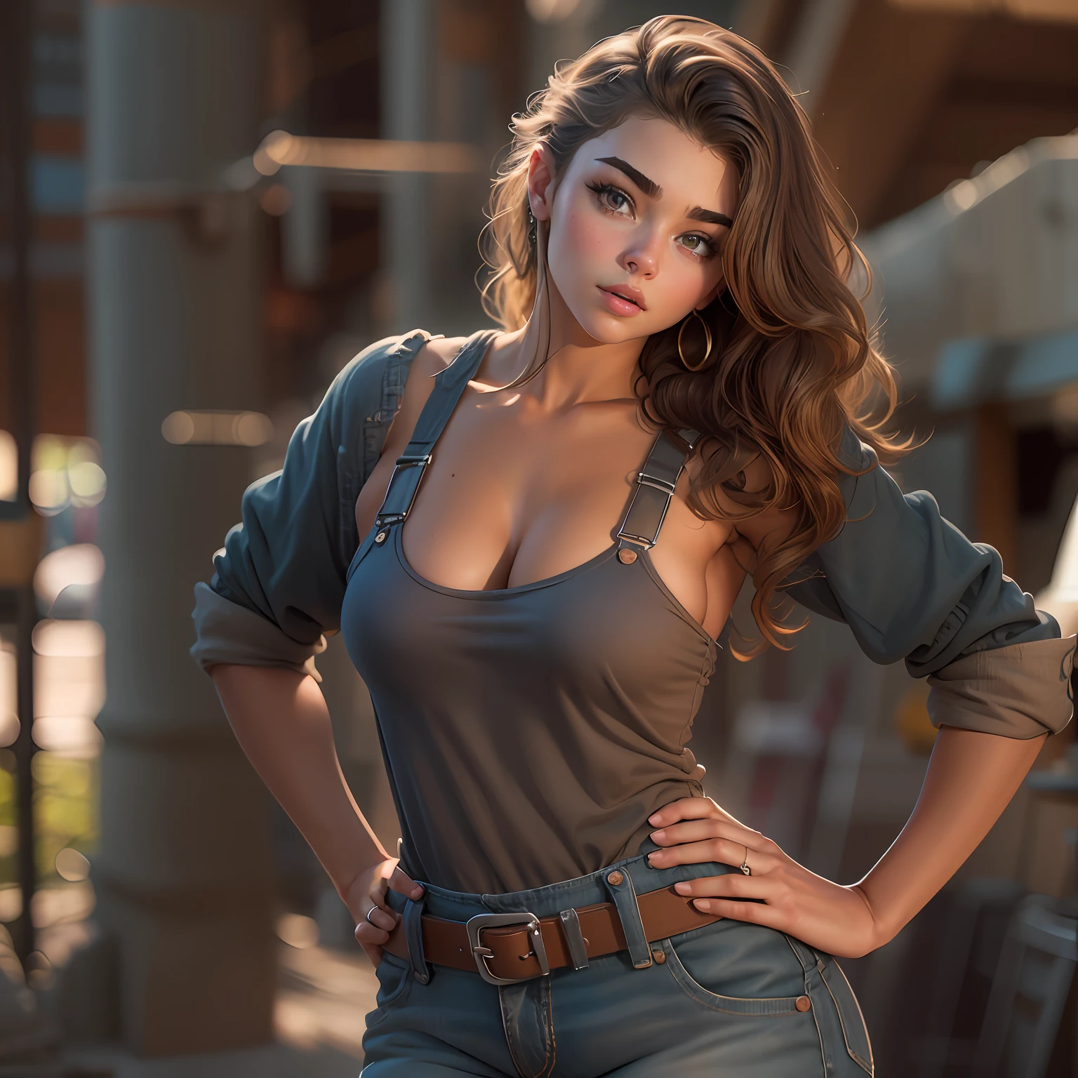 voluptuous body 19 year old girl ("Sarah Hyland", "Brooke Shields"), almond-shaped eyes, thick eyebrows, flushed cheeks, big perfect breasts, uncovered shoulders, overalls, "no shirt", (nearly without clothes:1.3), Hyperrealism, UHD, best quality, highres, high details, 8k, sharpen focus, construction site