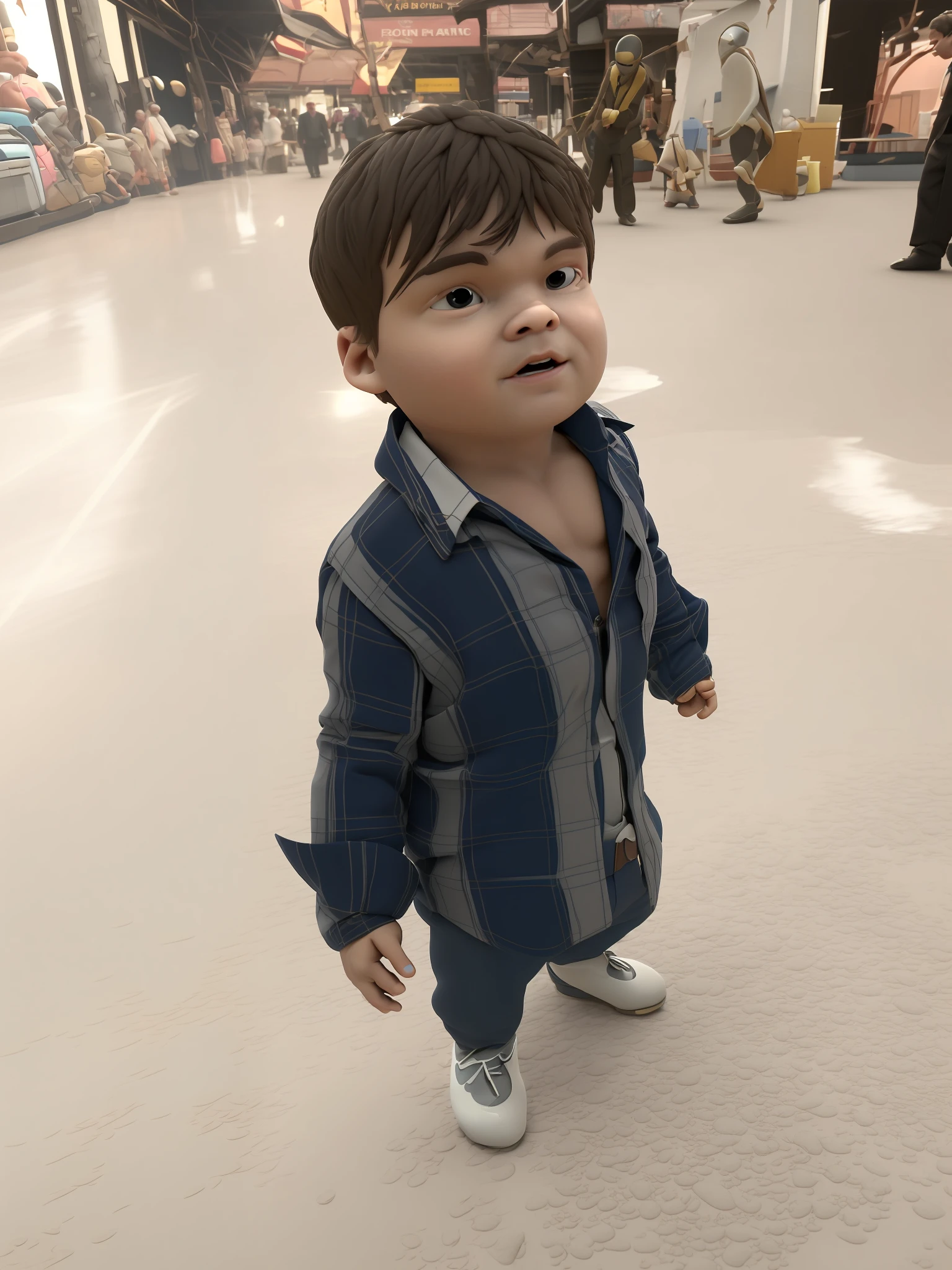 (((CBZBB))) Circular realism with big boy's head, ((((3DMM)))), character sculpture, toy design, there is a small child who is standing in a room, wearing plaid shirt, plaid shirt, very small boy, like a miniature, with neutral background, blurred background, ultra realistic, (((CBZBB))), Digital Art, detailed, realistic, humanoid, Pixar style, Miniature style, tiny, organic looking clothing, gooey texture , Symbiote, highly detailed cinematic rendering, ultra photorealistic raytricing