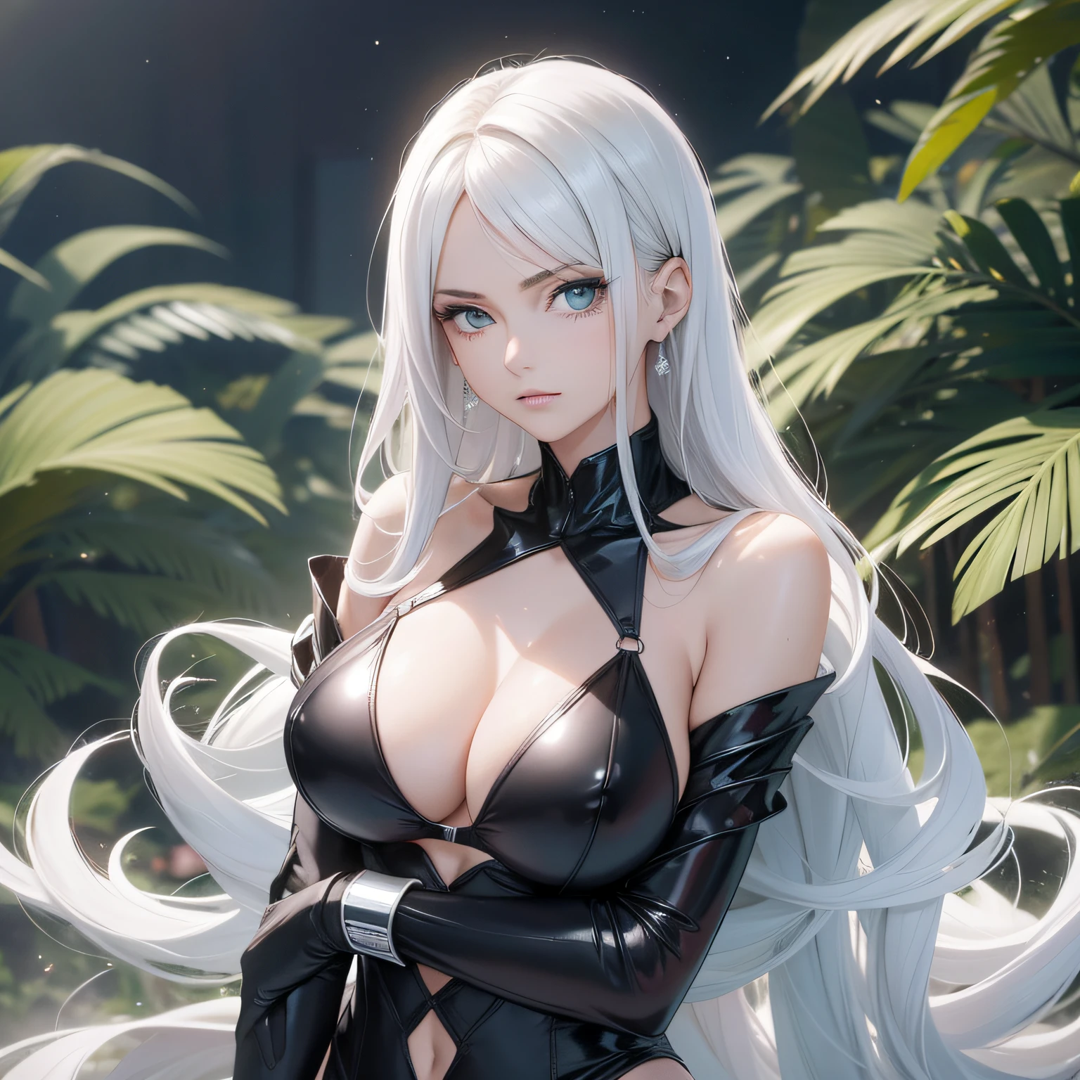 Linda mulher de corpo inteiro, rosto perfeito, longos cabelos loiros, olhos verdes brilhantes, seios grandes, 1girl, Particle, vento, pose, ataque iminente, raiva, dominante e intimidante, postura de luta, traje de luta, estilo bleach.