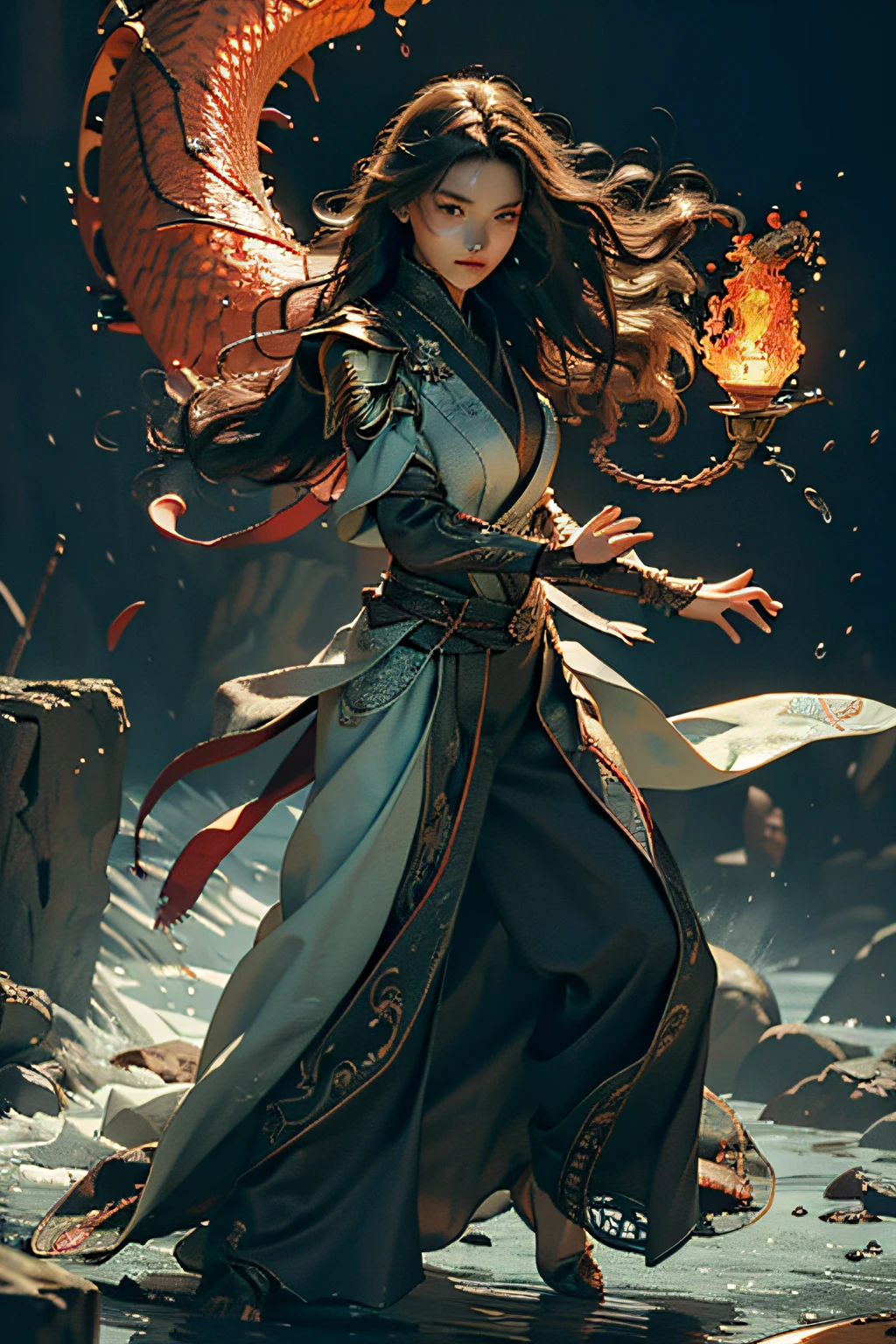{{master piece}}, pinnacle rendering, realistic rendering, dark red rendering, metal rendering, {{color ink painting}}}, {{splash ink}}}, {{color}}, {{color}}, gorgeous rendering, best quality, illustration, flame, smoke, doomsday world, splash ink fire sea doomsday, full body, 1 girl, exquisite facial details, delicate facial features, real face, beautiful details eyes, deep pupils, broken city details, beautiful details long hair, wavy hair, broken detail street, transparent mechanical core, cyborg girl, detail, cool, tight grooming, lace finishing, linear light costume retouching, light rendering, reflection, highlight, holy light, confidence, charm, battle stance detail close-up, fire day, {filigree}, colored background, a dragon stands behind the girl, sea of fire, {tornado special effects}, beautiful details red dragon armor, (cold face, confident) great depth, depth of field, 360° panoramic picture, fierce and magnificent battle scenes, broken mirrors, fingers all hidden and not displayed, small mouth closed