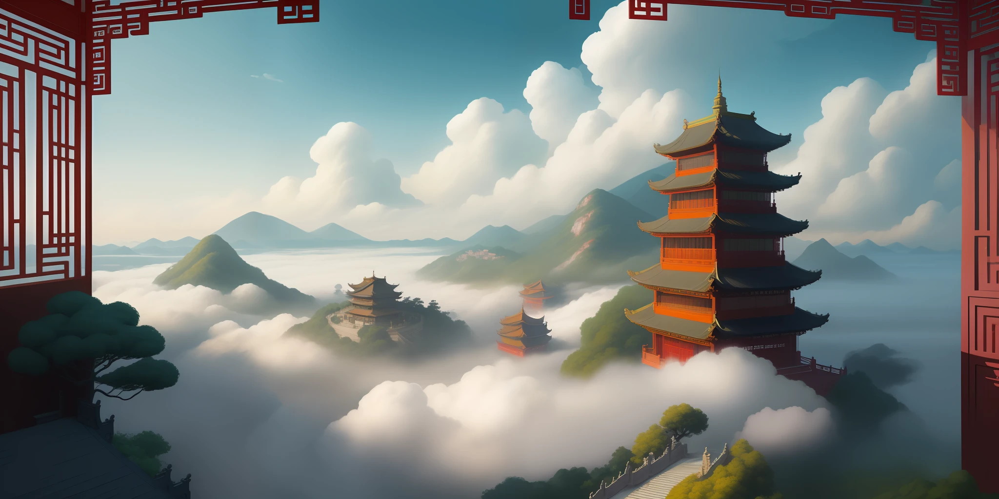 mdjrny-pprct, Chinese architecture, gardens, landscapes, sea of clouds, (high detail: 1.2)