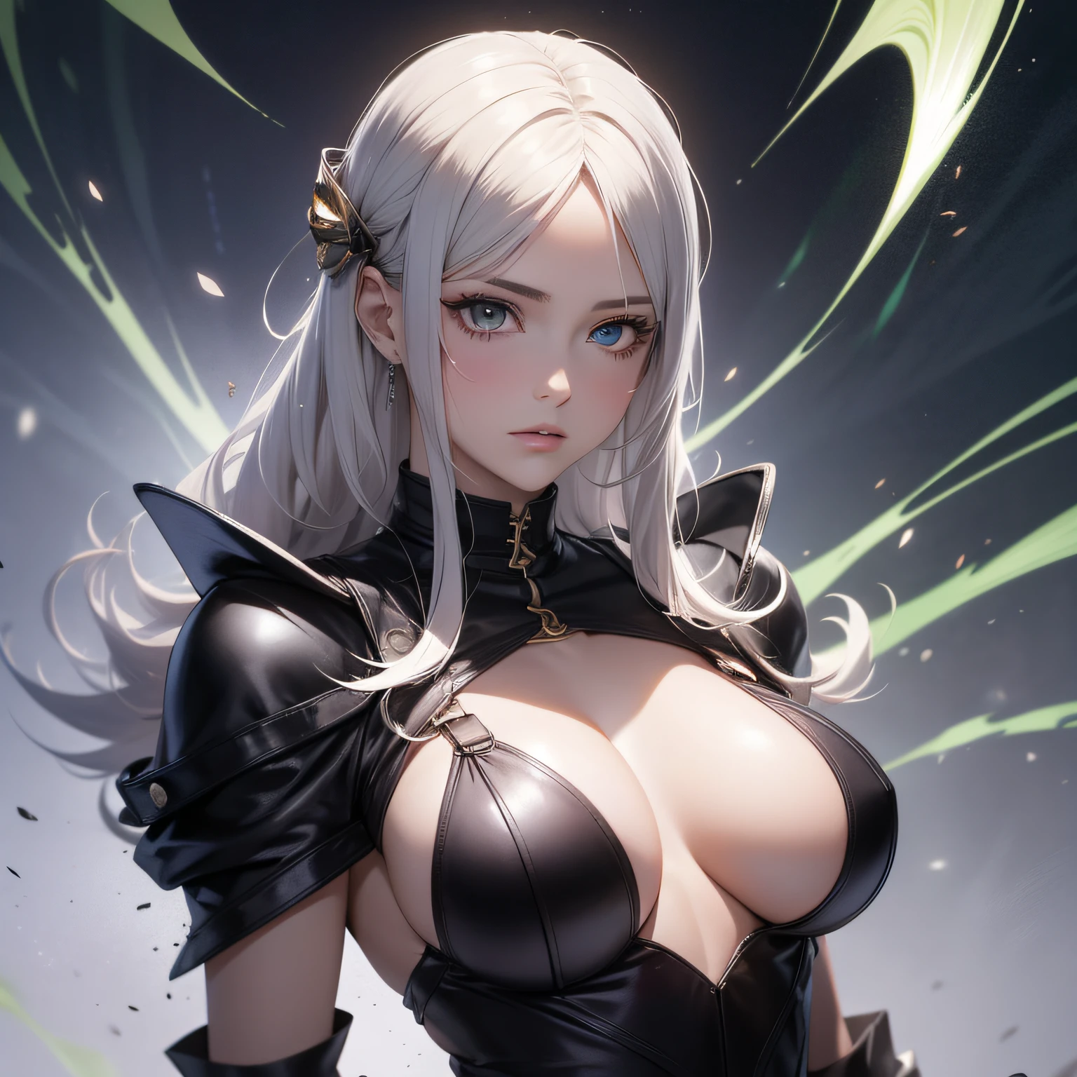 Linda mulher de corpo inteiro, rosto perfeito, longos cabelos loiros, olhos verdes brilhantes, seios grandes, 1girl, Particle, vento, pose, ataque iminente, raiva, dominante e intimidante, postura de luta, traje de luta, estilo bleach.