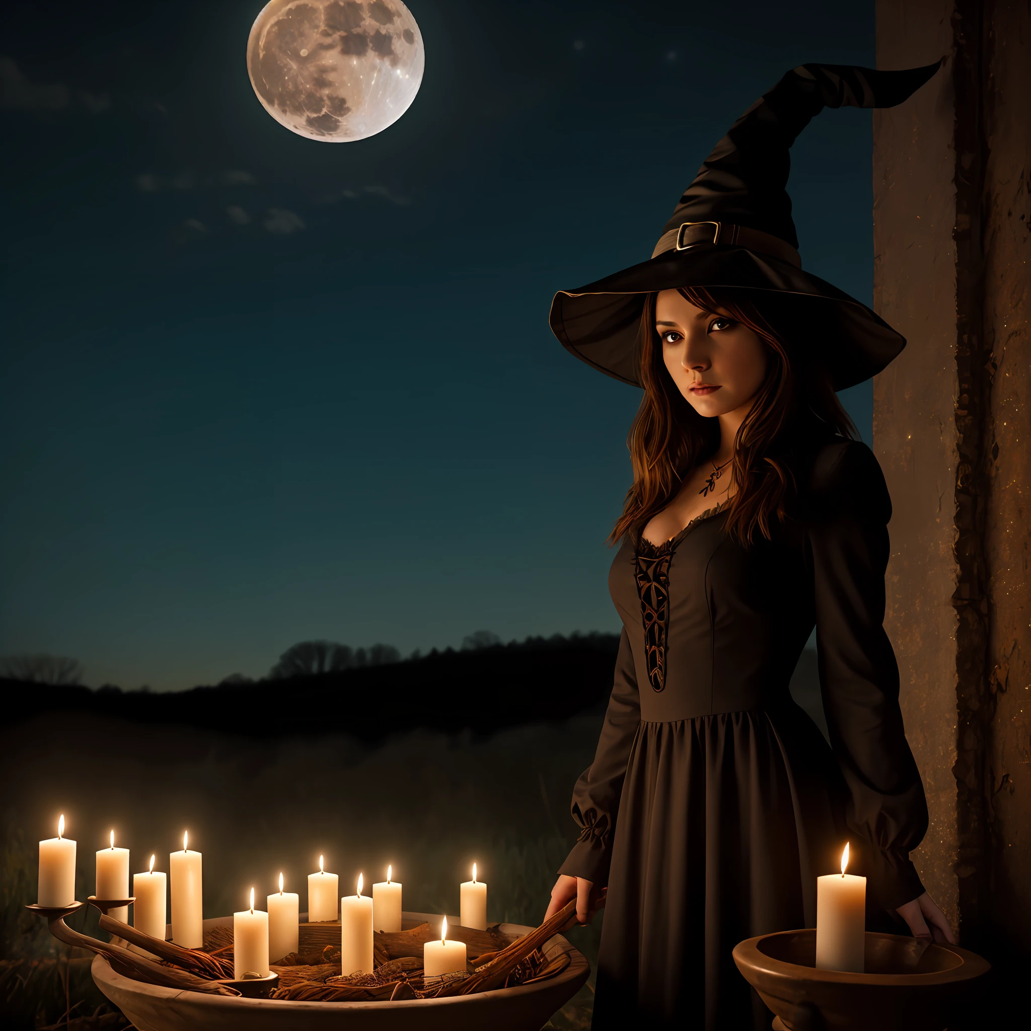 Ultra realistic, one solo witch, brown hair, brown eyes, black dress, black witches hat, bossy, owl, couldron, candles, beautiful but scary, full moon, outside, witchy