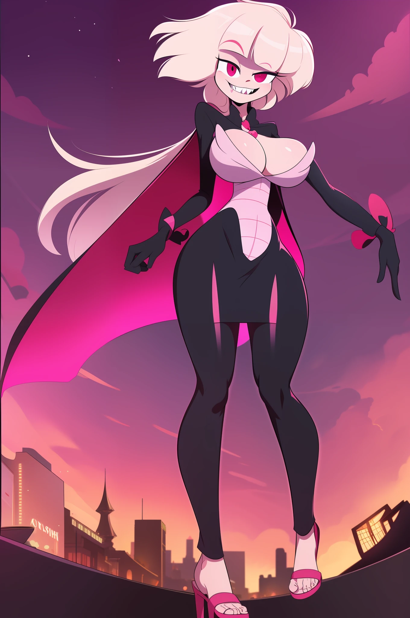 Angel Dust, hazbin hotel style, bimbo, big breast, alone, flip flops, walking