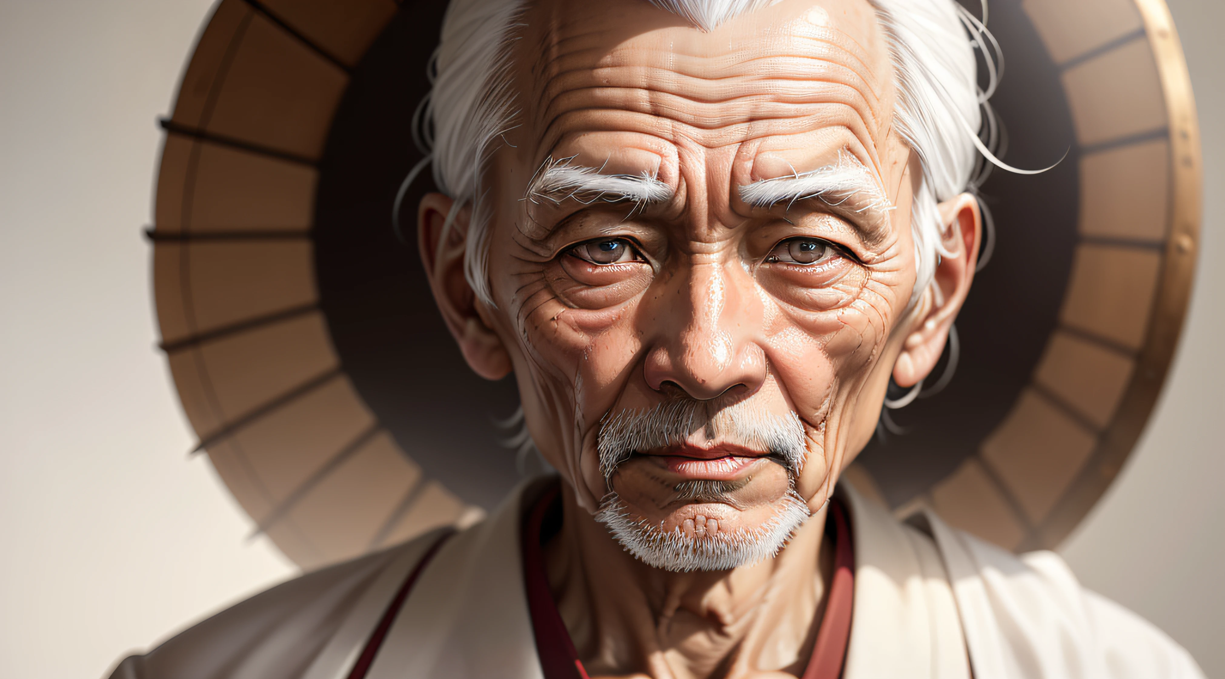 Close up photo of buddhist monk, Old japanese man, intrinsic eyes, High details, 80 Years Old, detailed skin, detailed eyes, very detailed eyes, very high detail, white hair, master-piece, best quality, high quality, japan, better hands, better eyes, better face, traditional japanese clothes, antique, CG, HDR, simple white background