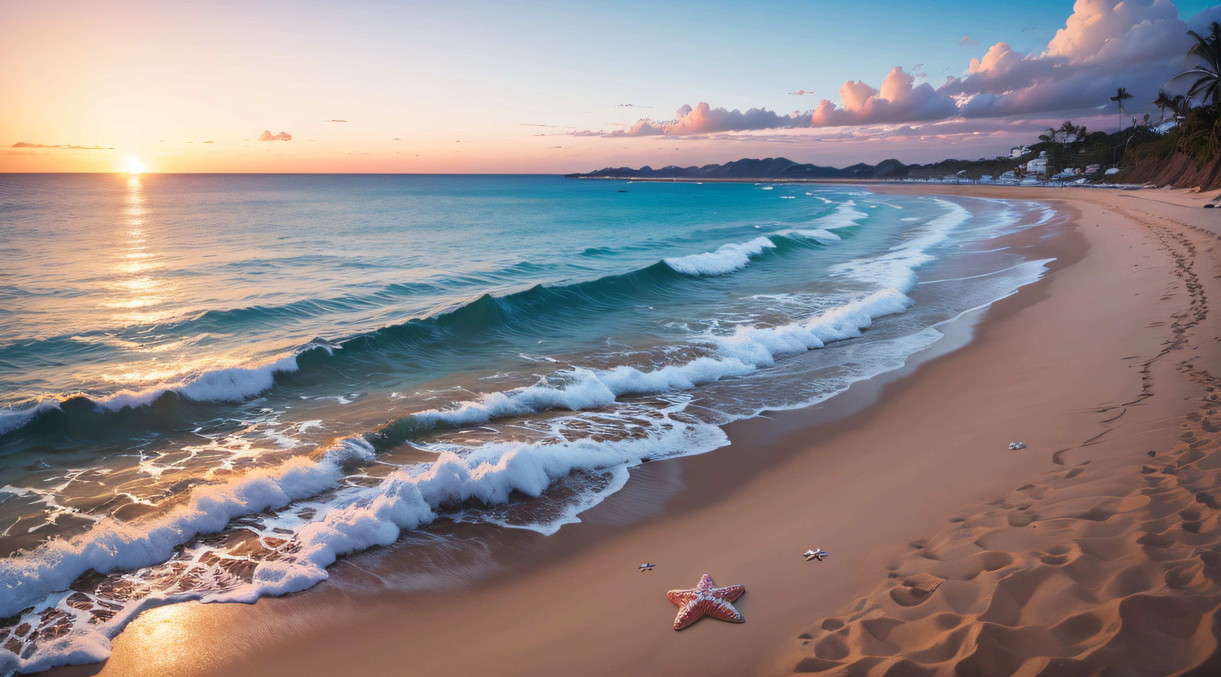Praia paradisiaca, estrela do mar e conchas, entardecer, ultra detalhado --auto