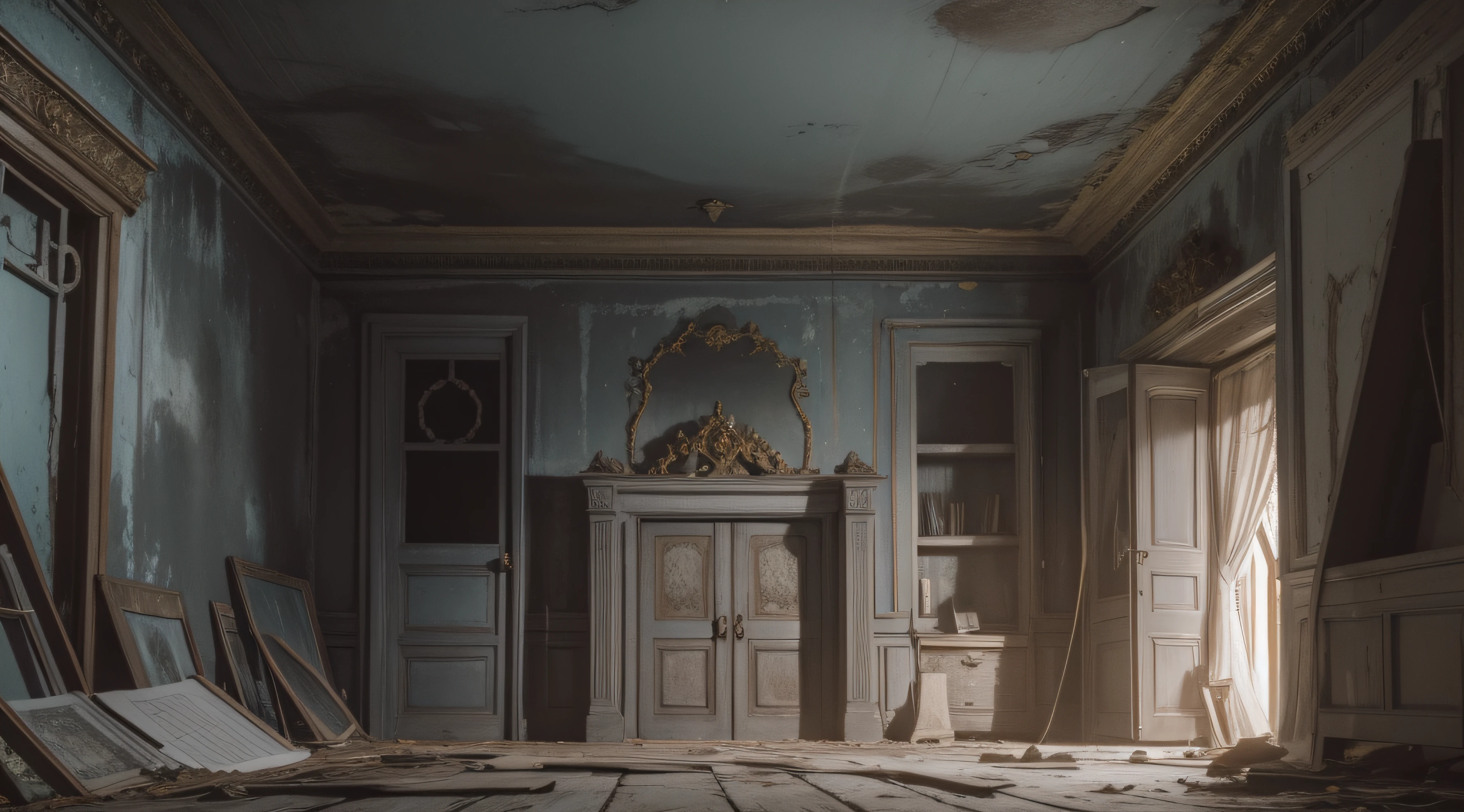 An abandoned mansion with horror aspects, A majestic mansion, once splendid, now haunted by time and loneliness. The planks creak under the footsteps, e teias de aranha adornam os cantos escuros. Janelas quebradas refletem a luz lunar, pintando o interior com sombras sinistras. The odor of mold and decay permeates the air, evocando um arrepio na espinha. The atmosphere is claustrophobic, Stifling any hope of escape. As velas tremulam, proporcionando vislumbres fugazes dos espectros que habitam o local. The environment is oppressive, plunged into sinister silence, enquanto o vento uiva por entre as frestas.